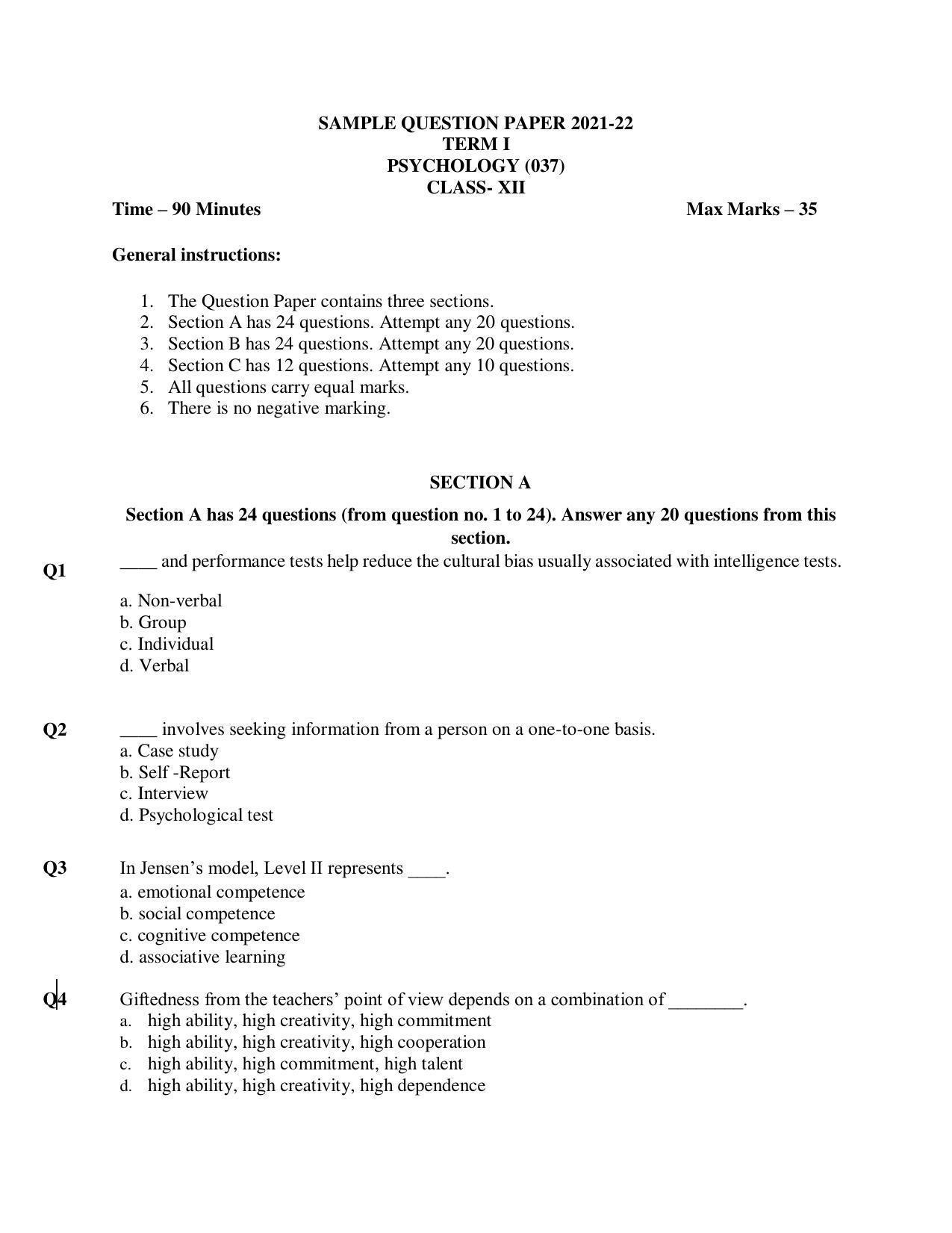 CBSE Class 12th Psychology Sample Question Paper 2021-22 - Page 1