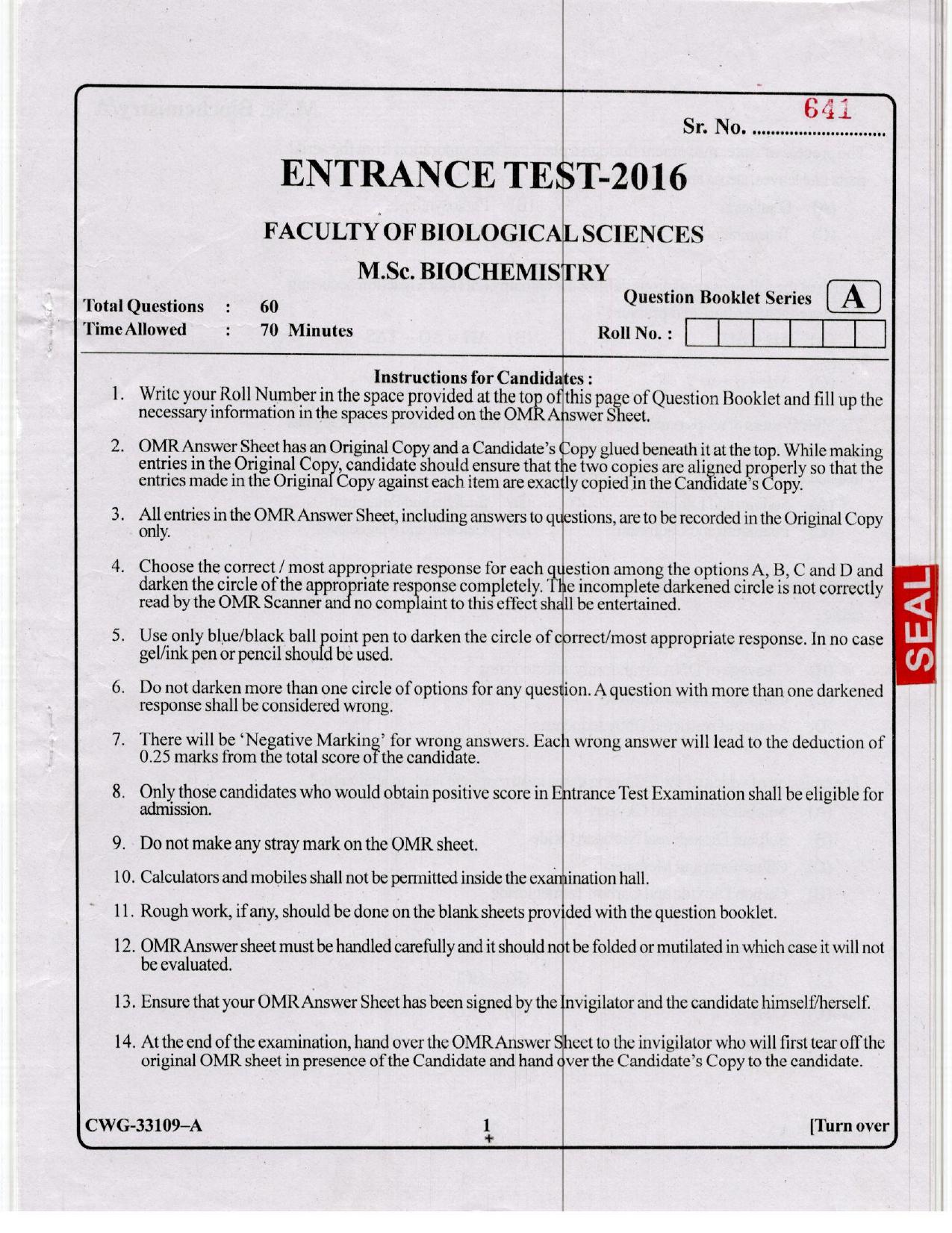 KUET 2023 M.Sc. BioChemistry Question Paper - Page 52