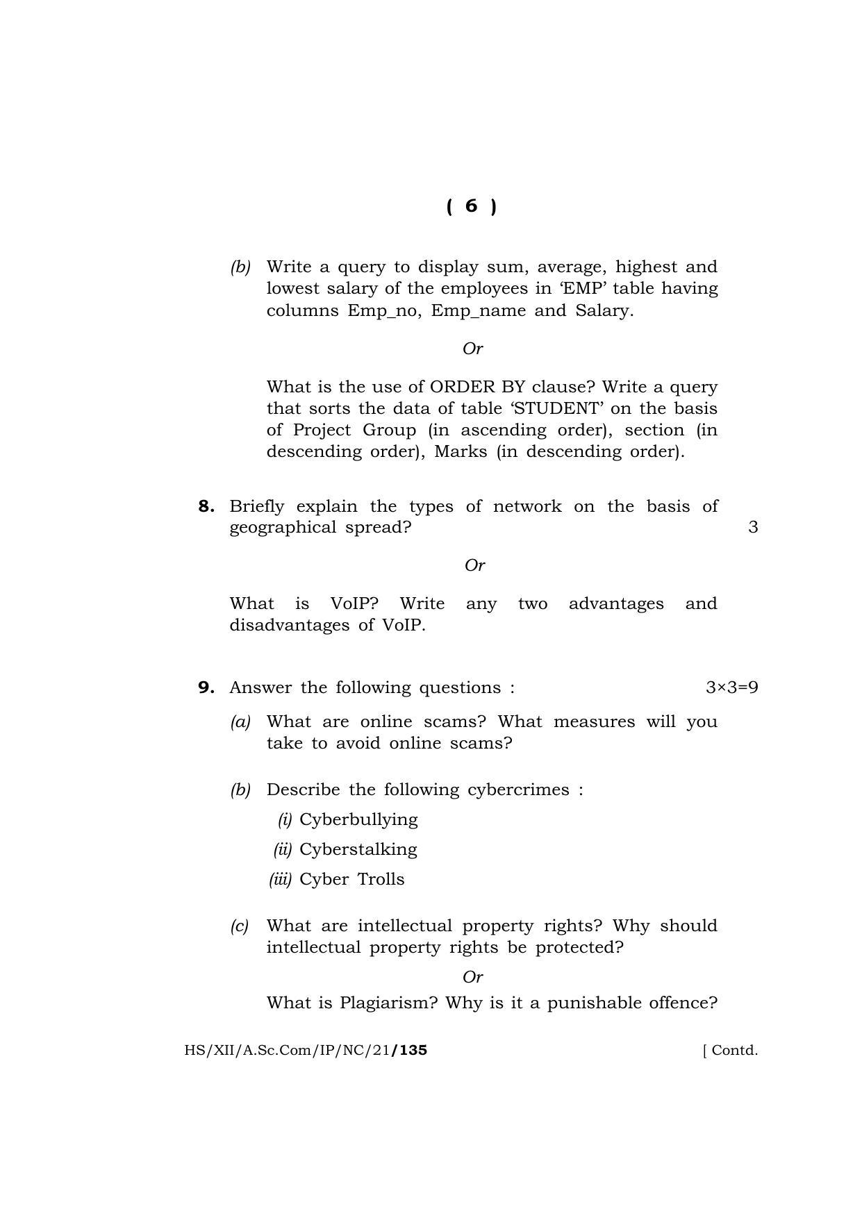 Meghalaya Board (MBOSE) Class 12 INFORMATICS PRACTICES (New Course) (HS-XII-A.Sc.Com-IP-NC-21) 2021 Question Paper - Page 6