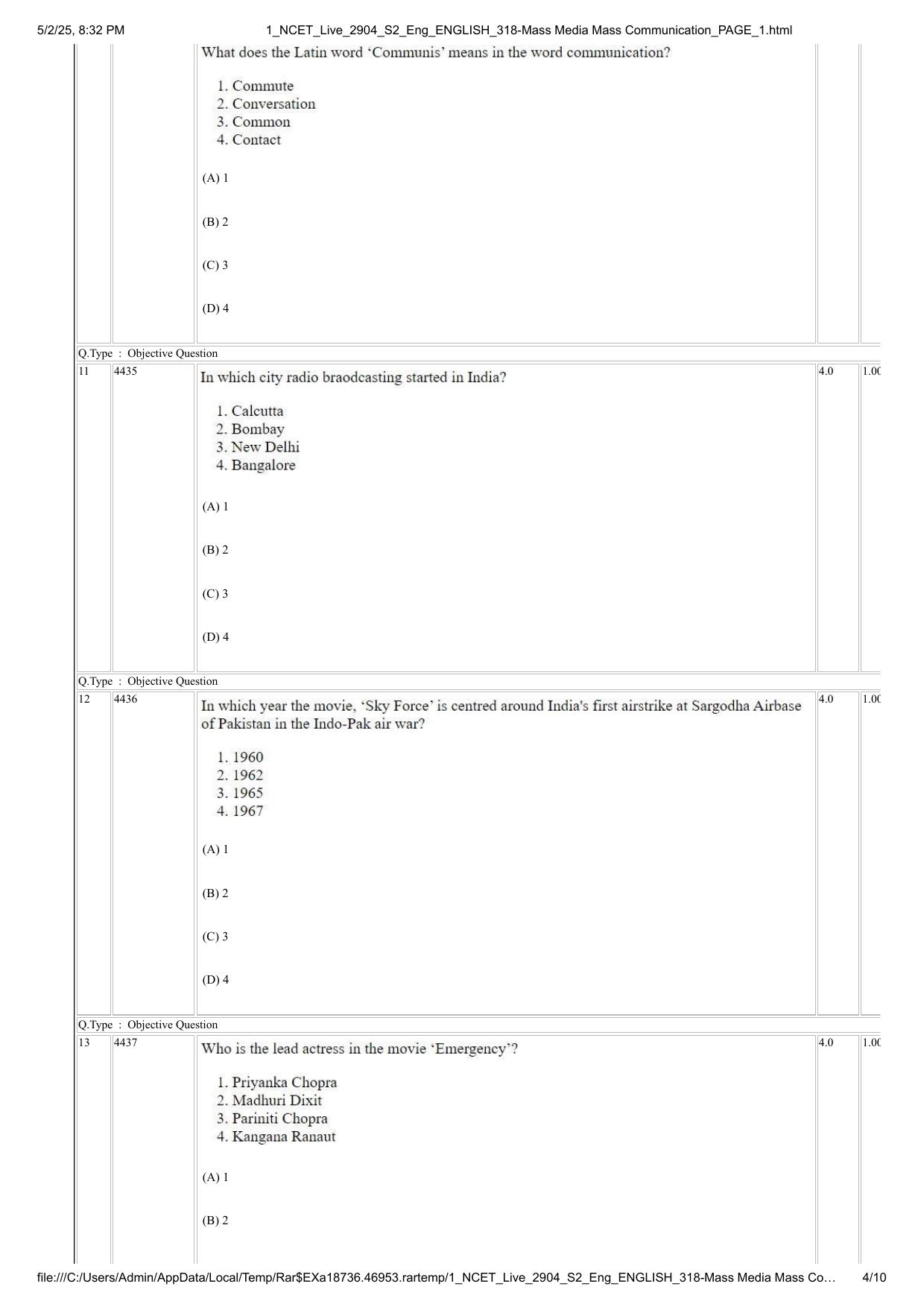 NCET 2025 Question Paper - Mass Media Mass Communication - Page 4