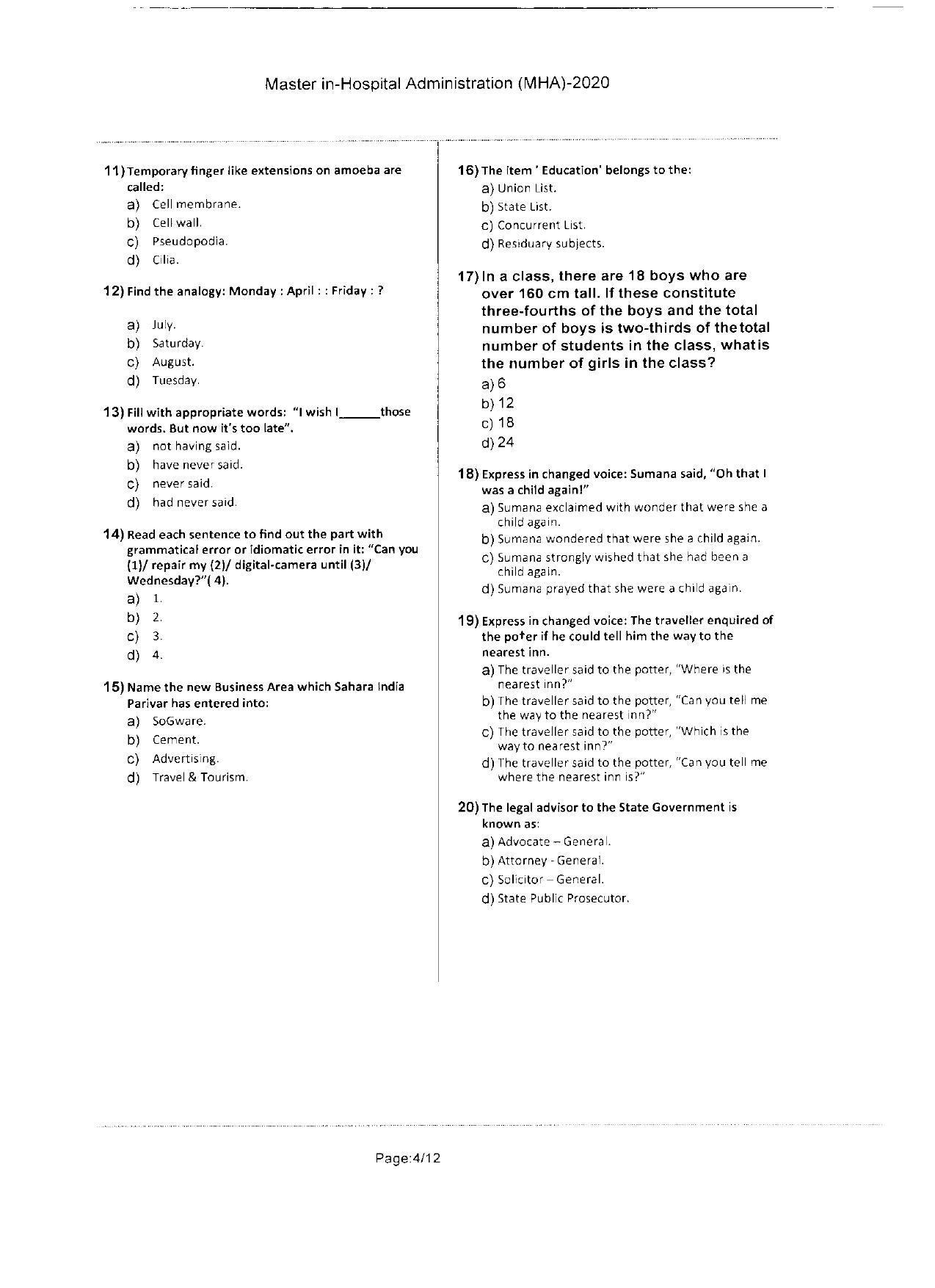 WBJEEB JEMAS (PG) 2020 MHA Question Paper - Page 4