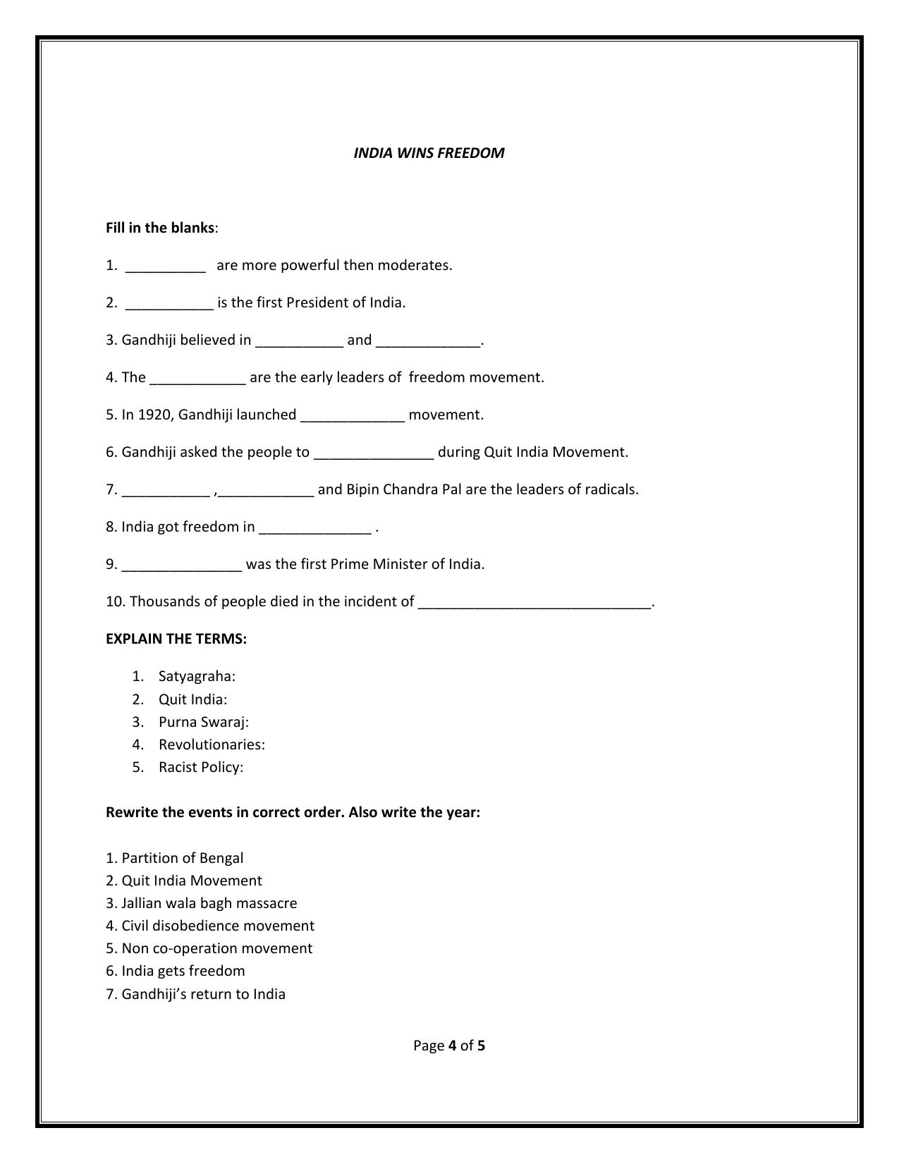 Worksheet for Class 5 Social Science India Wins Freedom Assignment 2 - Page 1