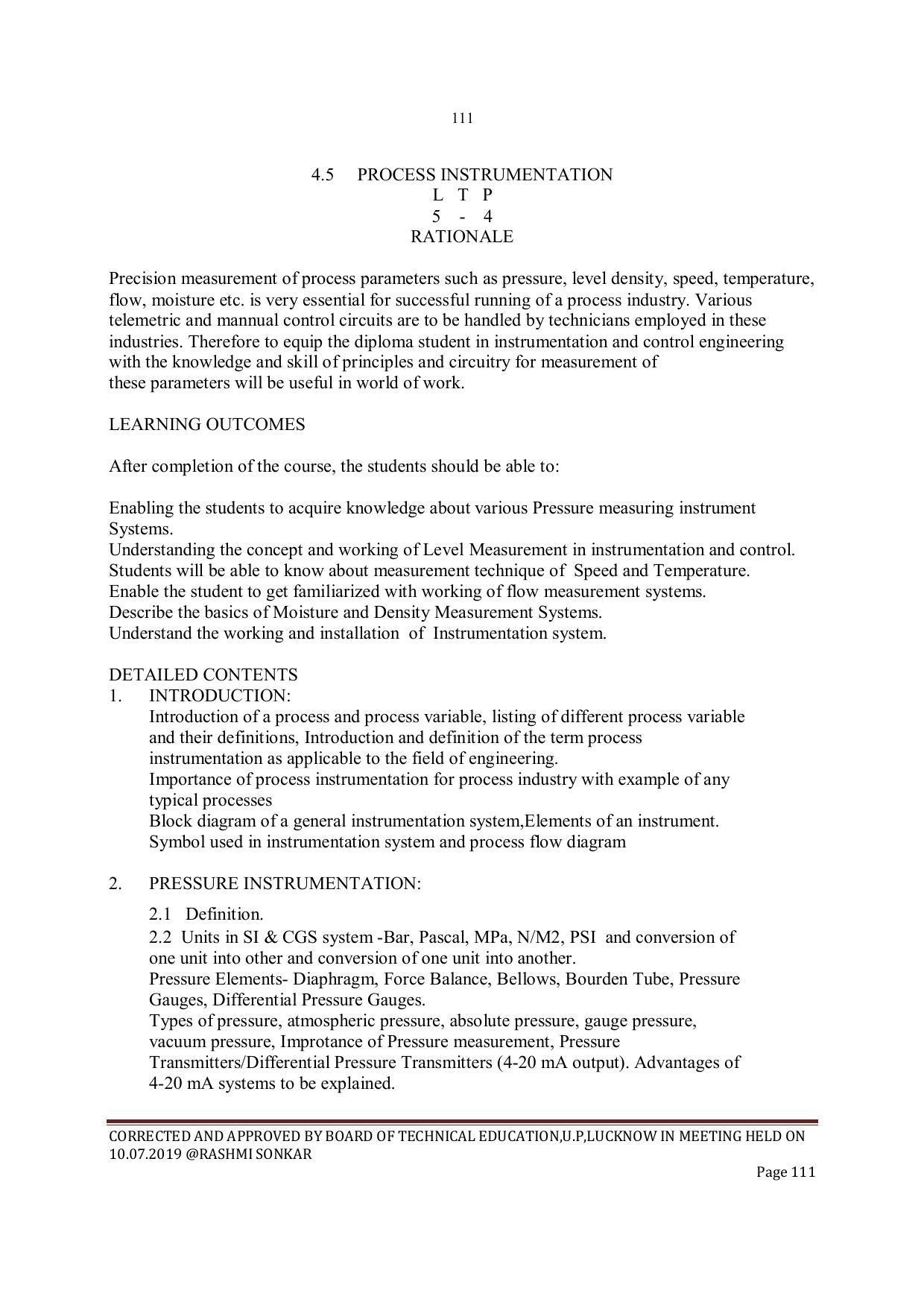 EFFECTIVE FROM JULY 2019-20 - SIX SEMESTER DIPLOMA COURSE IN INSTRUMENTATION AND CONTROL ENGINEERING - Page 113
