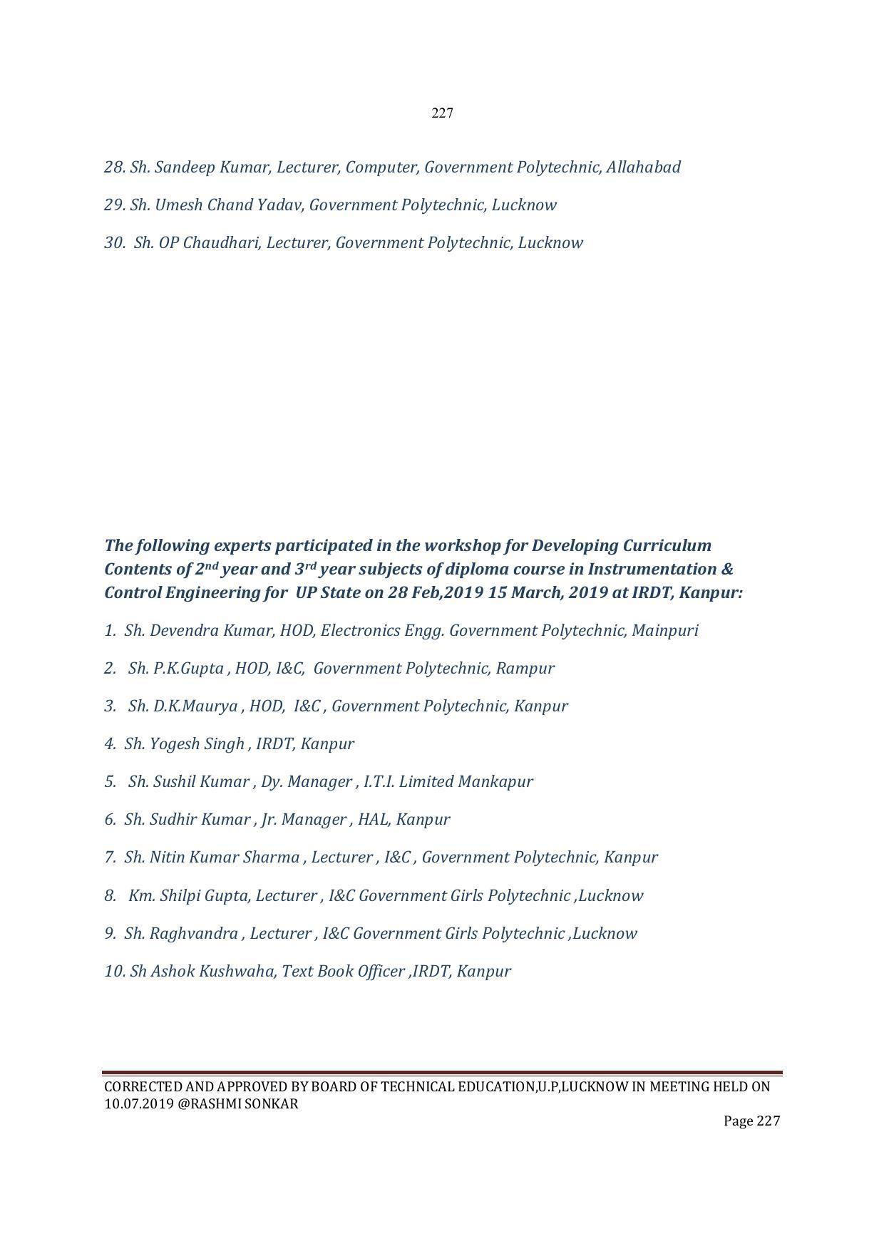 EFFECTIVE FROM JULY 2019-20 - SIX SEMESTER DIPLOMA COURSE IN INSTRUMENTATION AND CONTROL ENGINEERING - Page 229