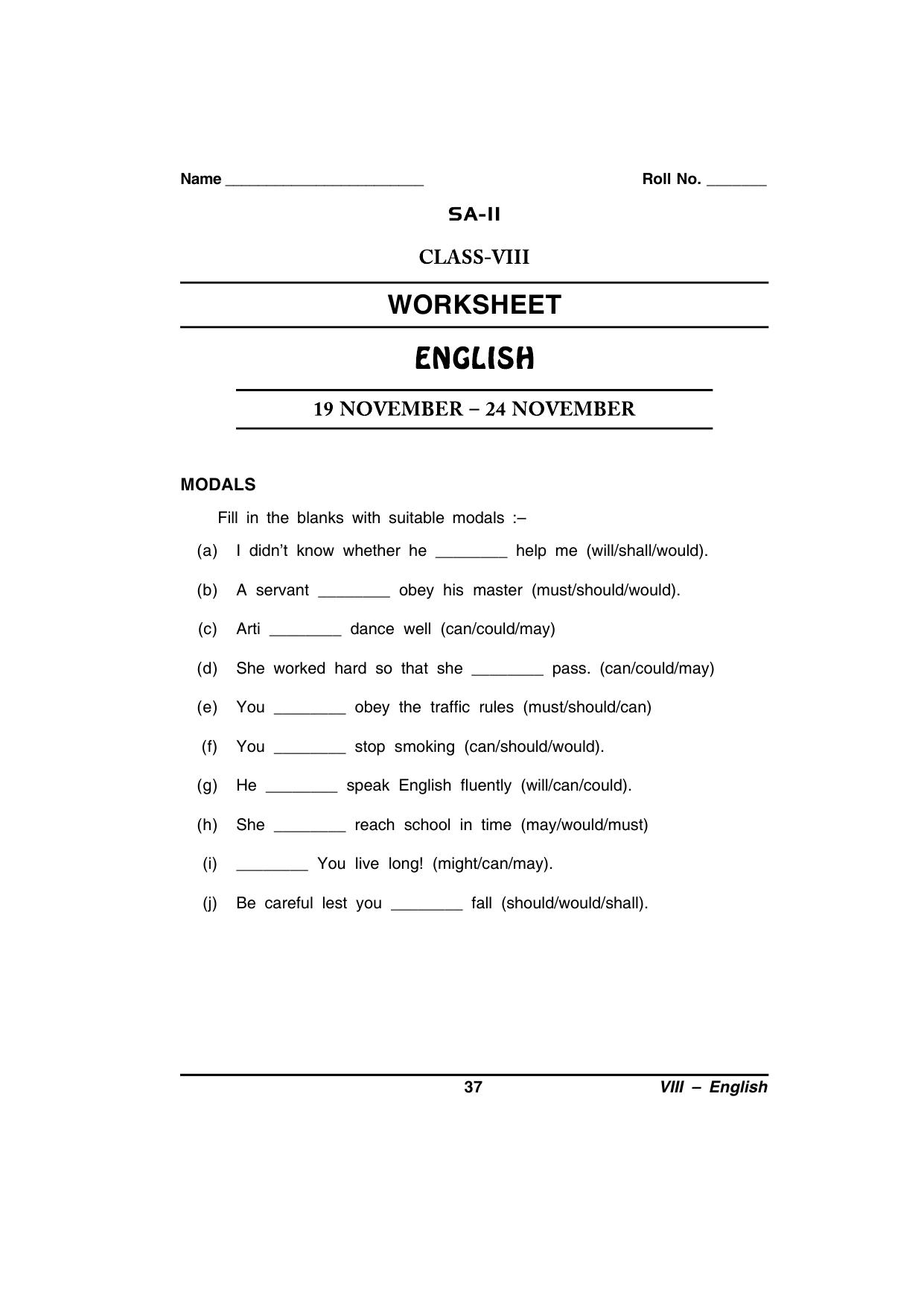CBSE Worksheets for Class 8 English Assignment 88 - Page 1