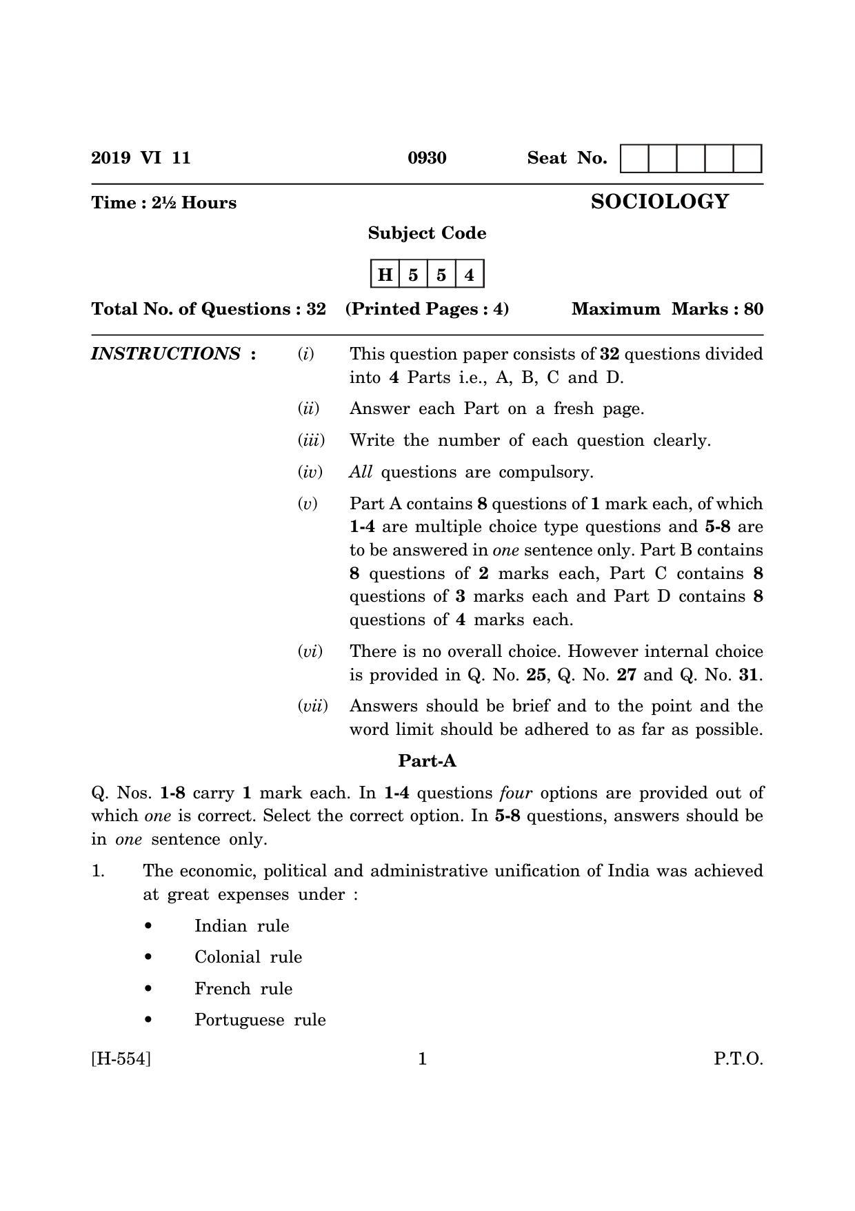 Goa Board Class 12 Sociology (June 2019) Question Paper - Page 1
