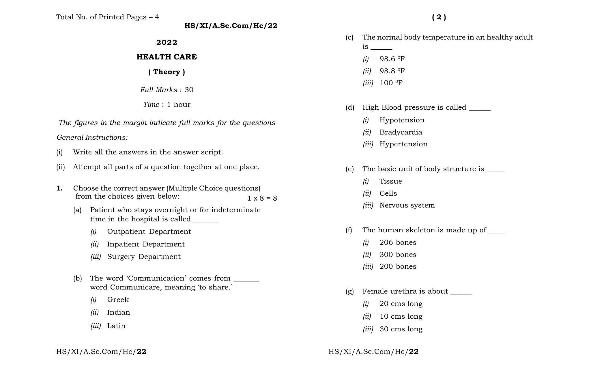 Meghalaya Board (MBOSE) Class 11 Health Care (theory) 2022 Question Paper - Page 1