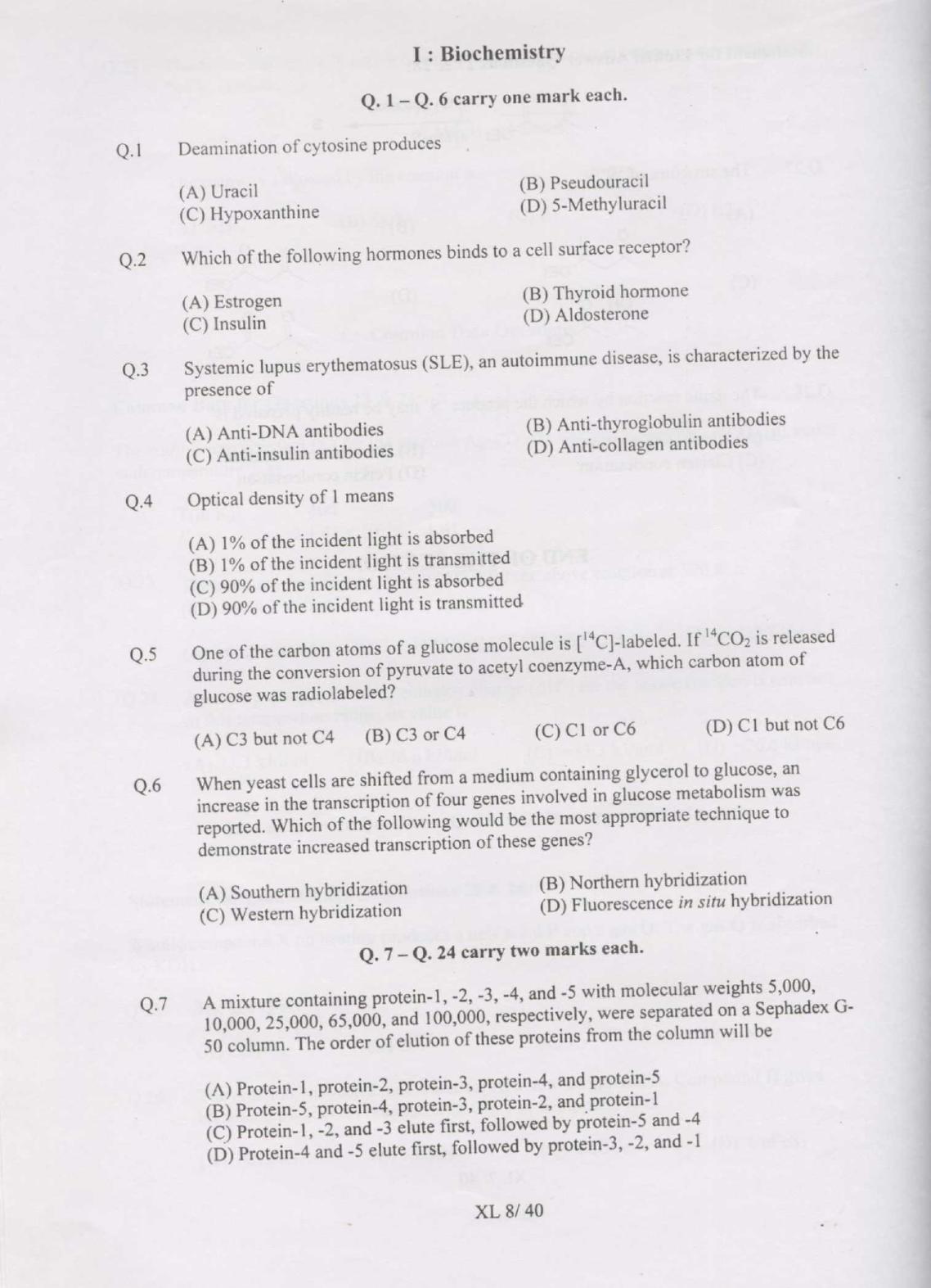 GATE 2007 Life Sciences (XL) Question Paper with Answer Key - Page 8