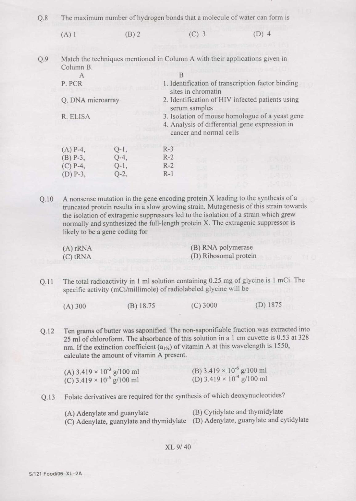 GATE 2007 Life Sciences (XL) Question Paper with Answer Key - Page 9