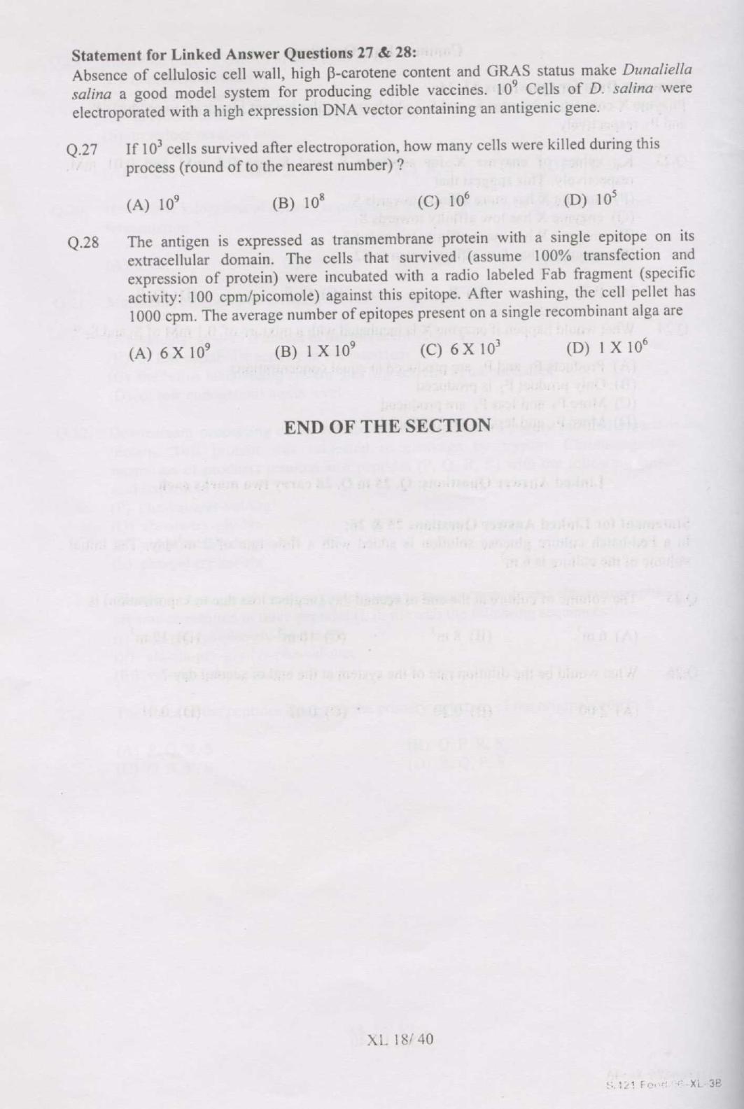 GATE 2007 Life Sciences (XL) Question Paper with Answer Key - Page 18