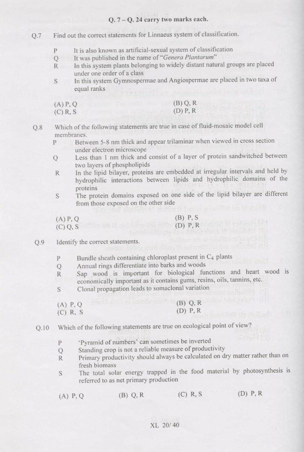 GATE 2007 Life Sciences (XL) Question Paper with Answer Key - Page 20