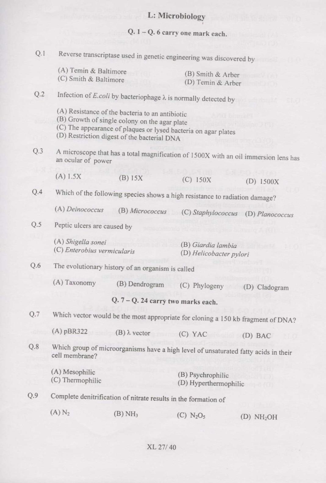 GATE 2007 Life Sciences (XL) Question Paper with Answer Key - Page 27