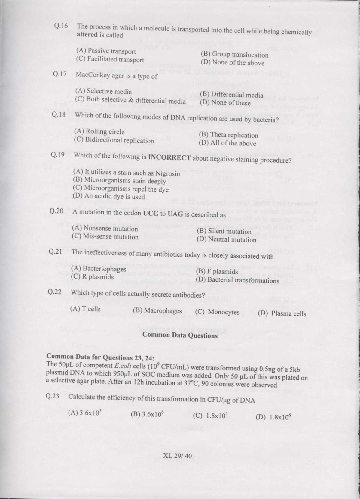 GATE 2007 Life Sciences (XL) Question Paper with Answer Key - Page 29
