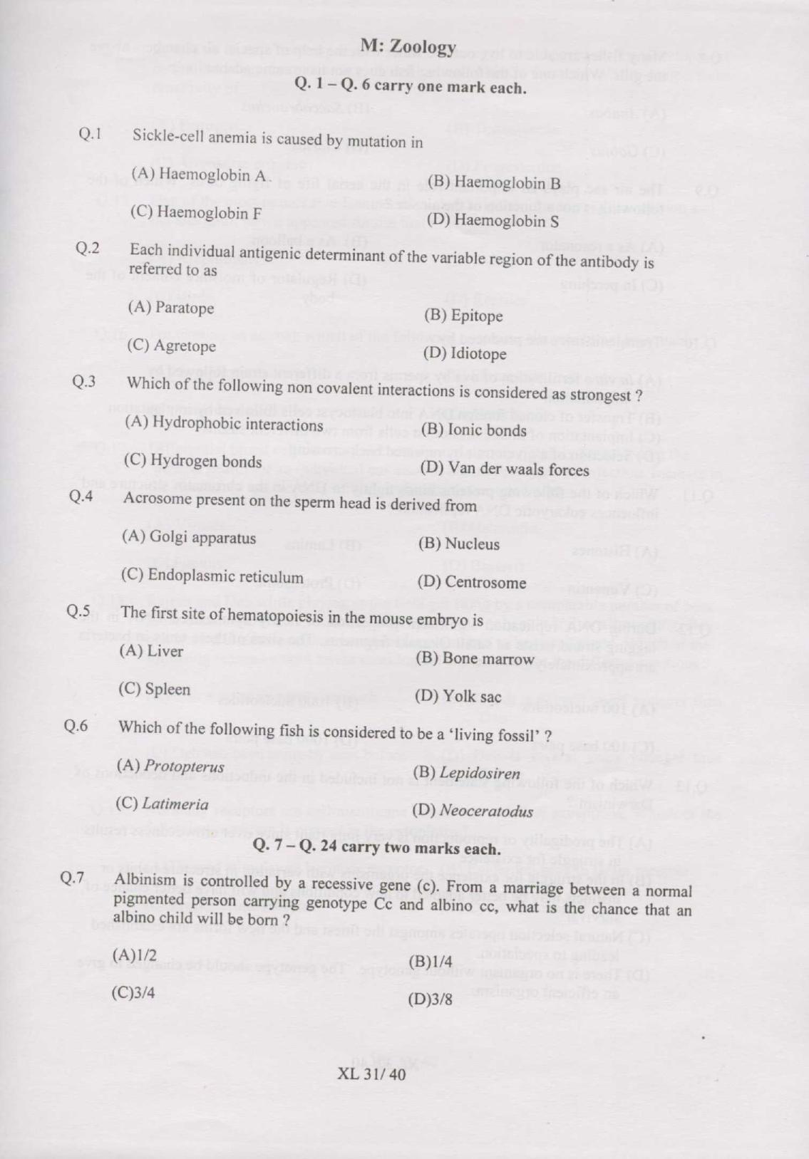 GATE 2007 Life Sciences (XL) Question Paper with Answer Key - Page 31