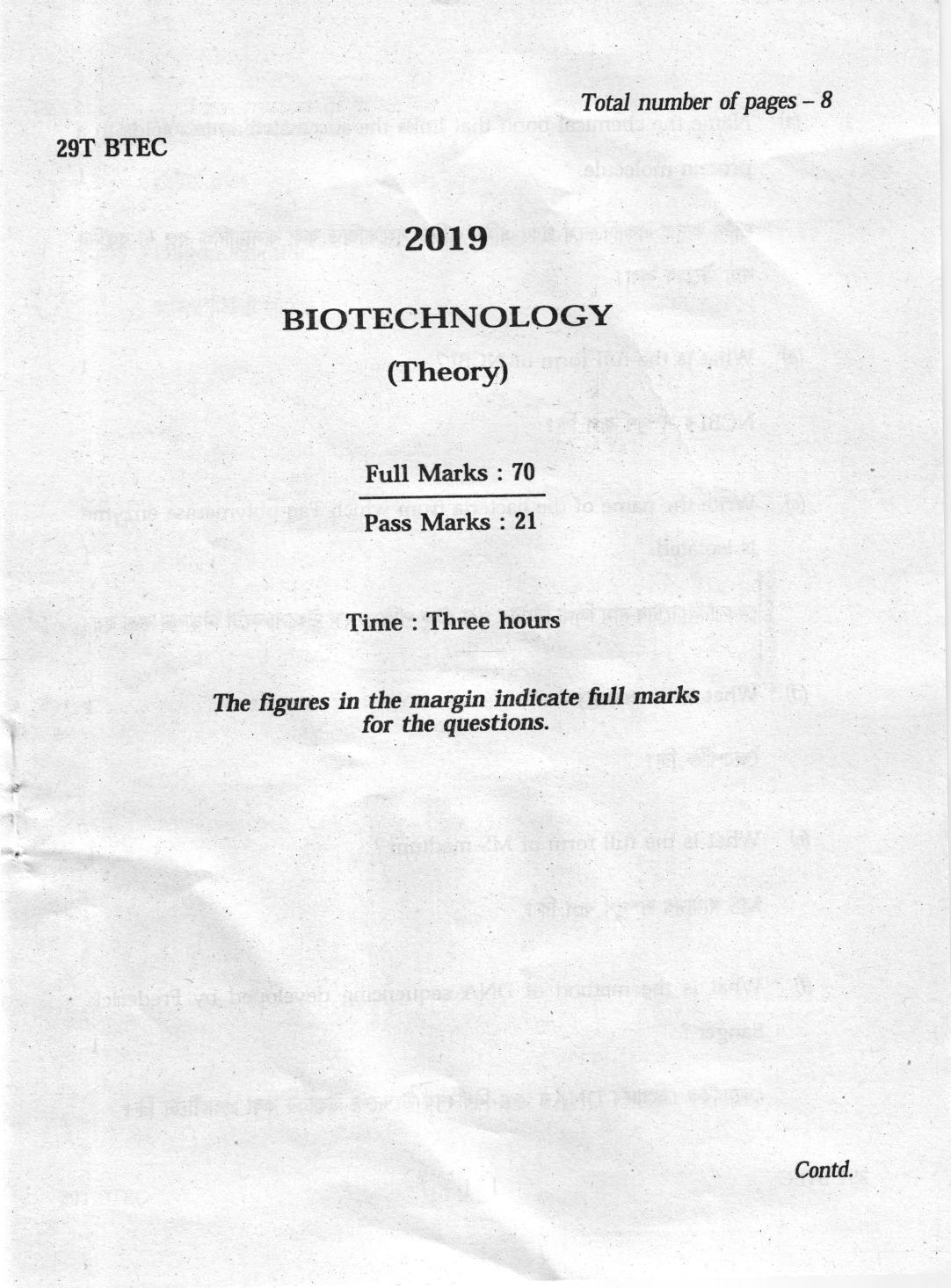 AHSEC Class 12 Biotechnology 2019 Question Papers - Page 1