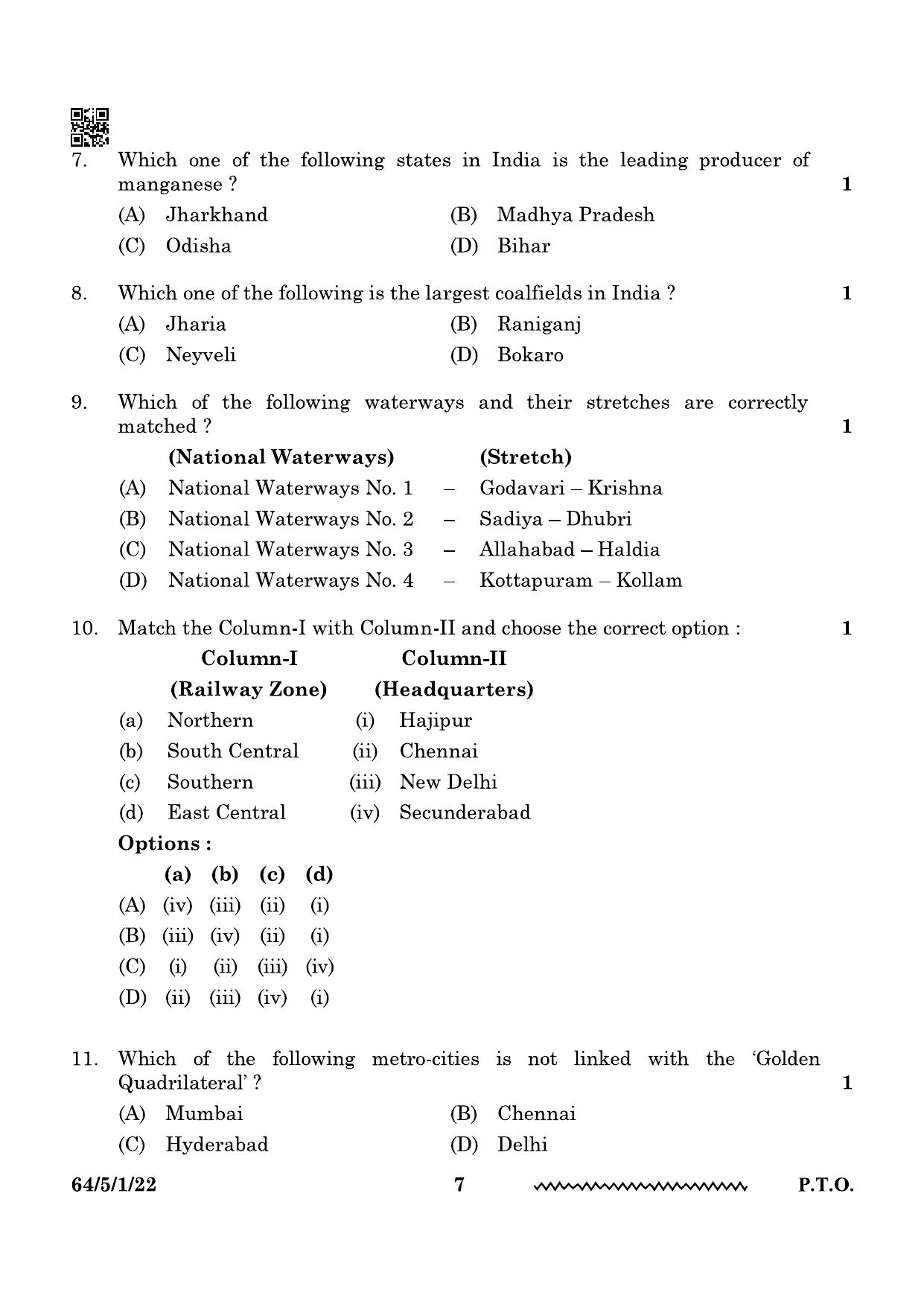 CBSE Class 12 64-5-1 Geography 2024 Question Paper - Page 7