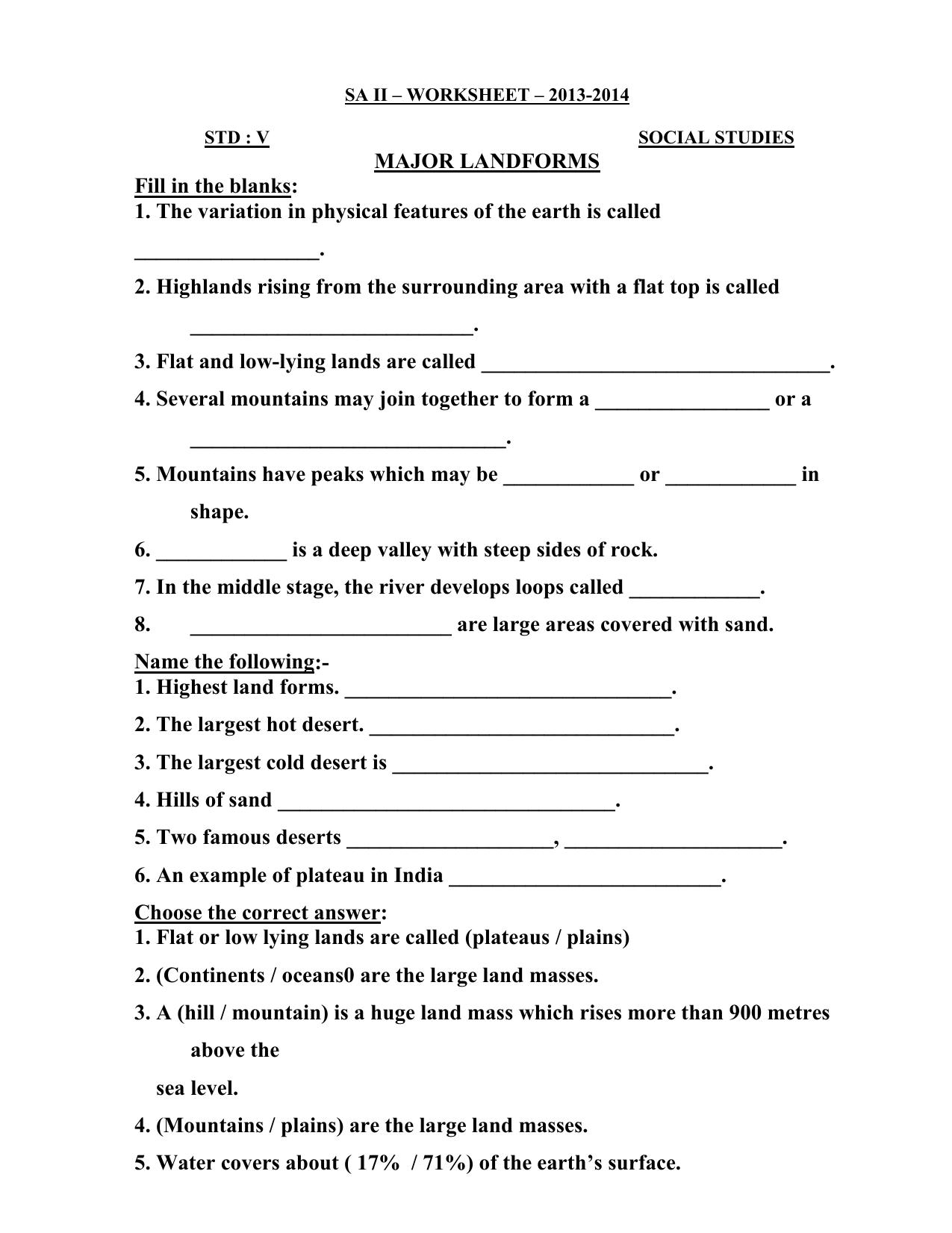 Worksheet for Class 5 Social Science Assignment 8 - Page 1