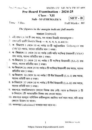 TBSE Class 12 PB Mathematics Set-B Question Paper 2025