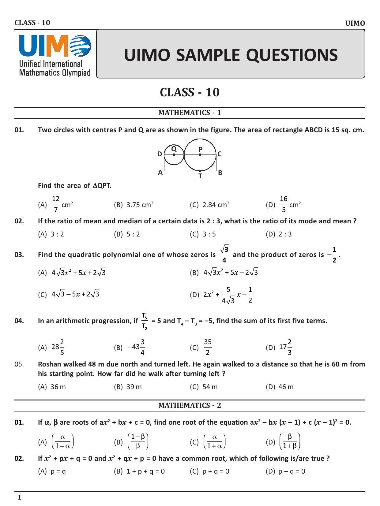UIMO Class 10 2023 Sample Paper - Page 1