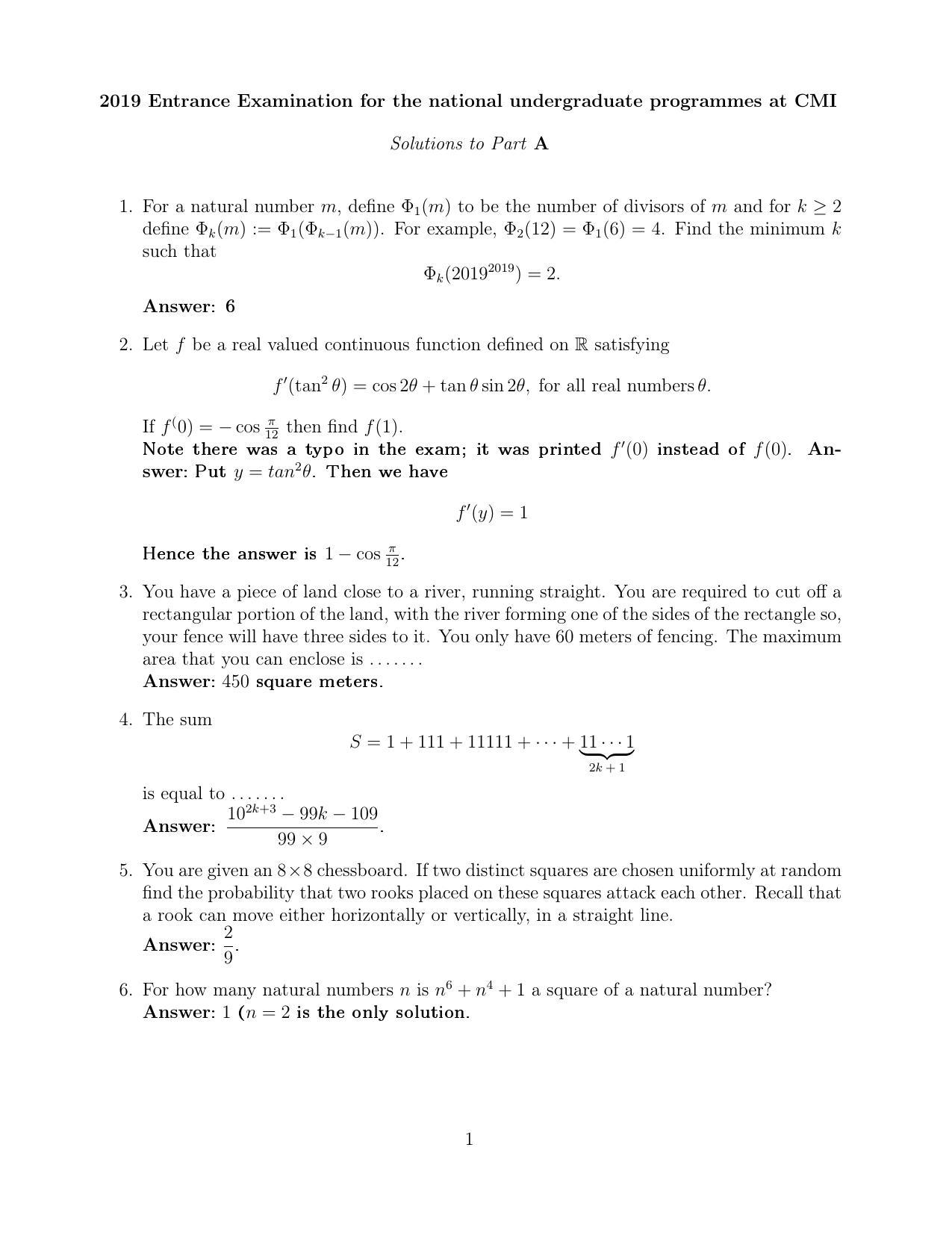 CMI Entrance Exam 2019 Solutions B.Sc (Hons.) Mathematics and Computer Science - Page 1