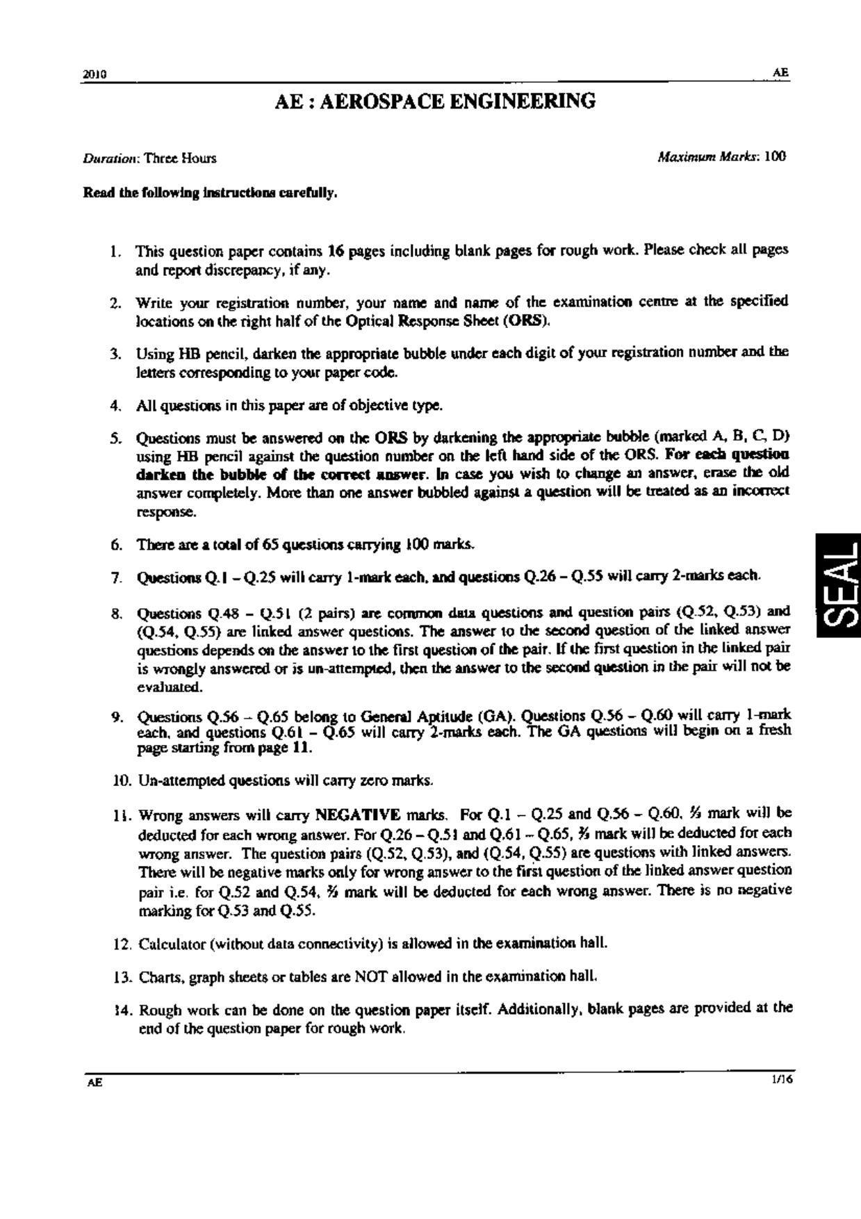 GATE 2010 Aerospace Engineering (AE) Question Paper with Answer Key - Page 1