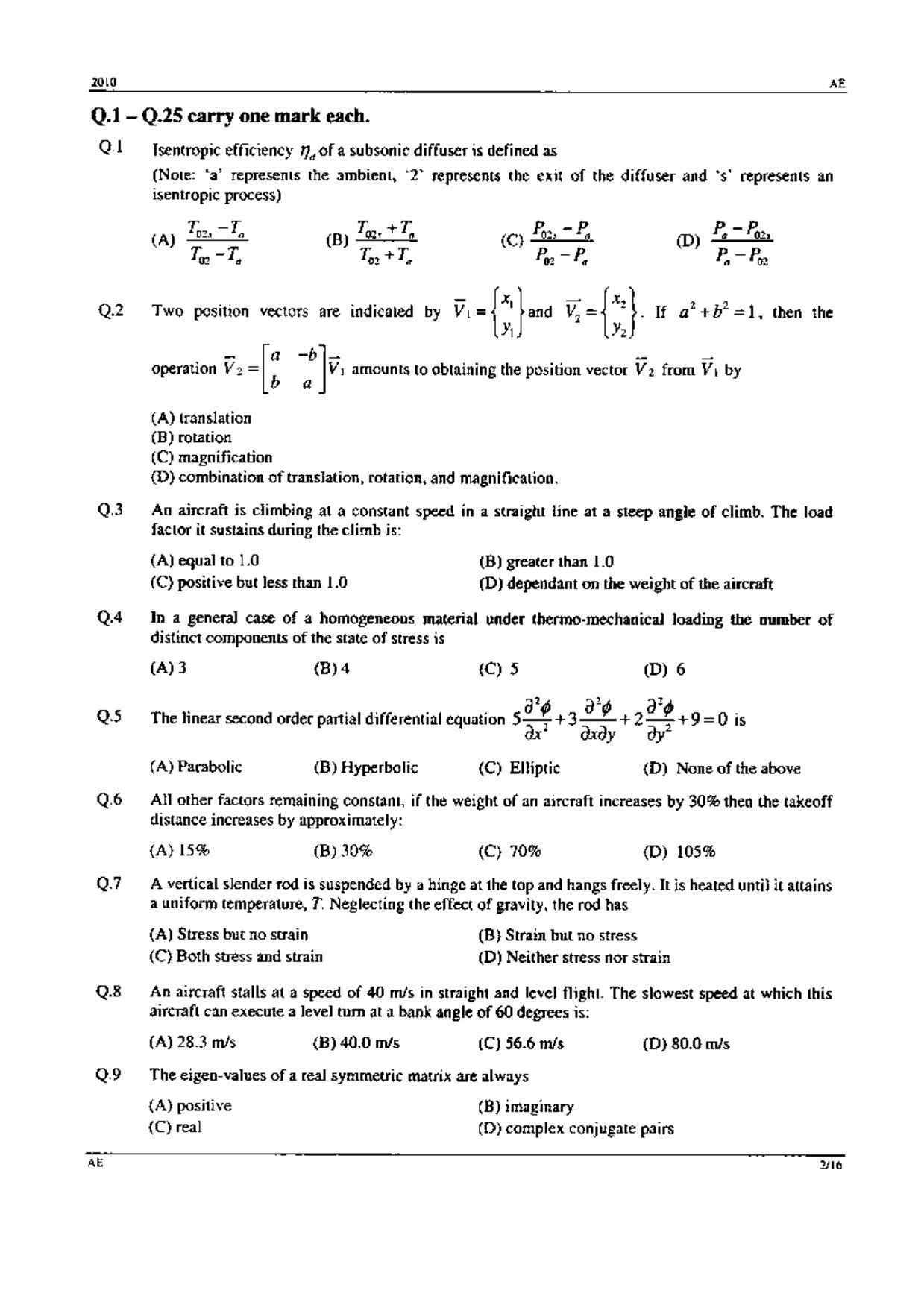 GATE 2010 Aerospace Engineering (AE) Question Paper with Answer Key - Page 2