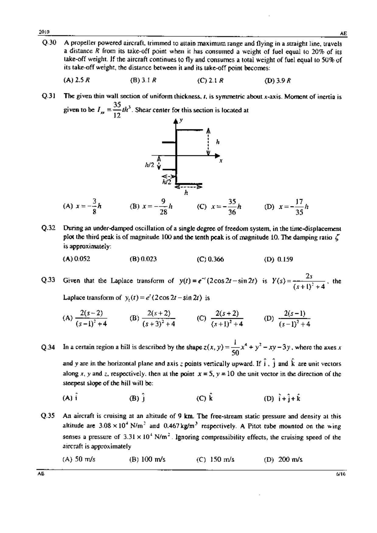GATE 2010 Aerospace Engineering (AE) Question Paper with Answer Key - Page 6