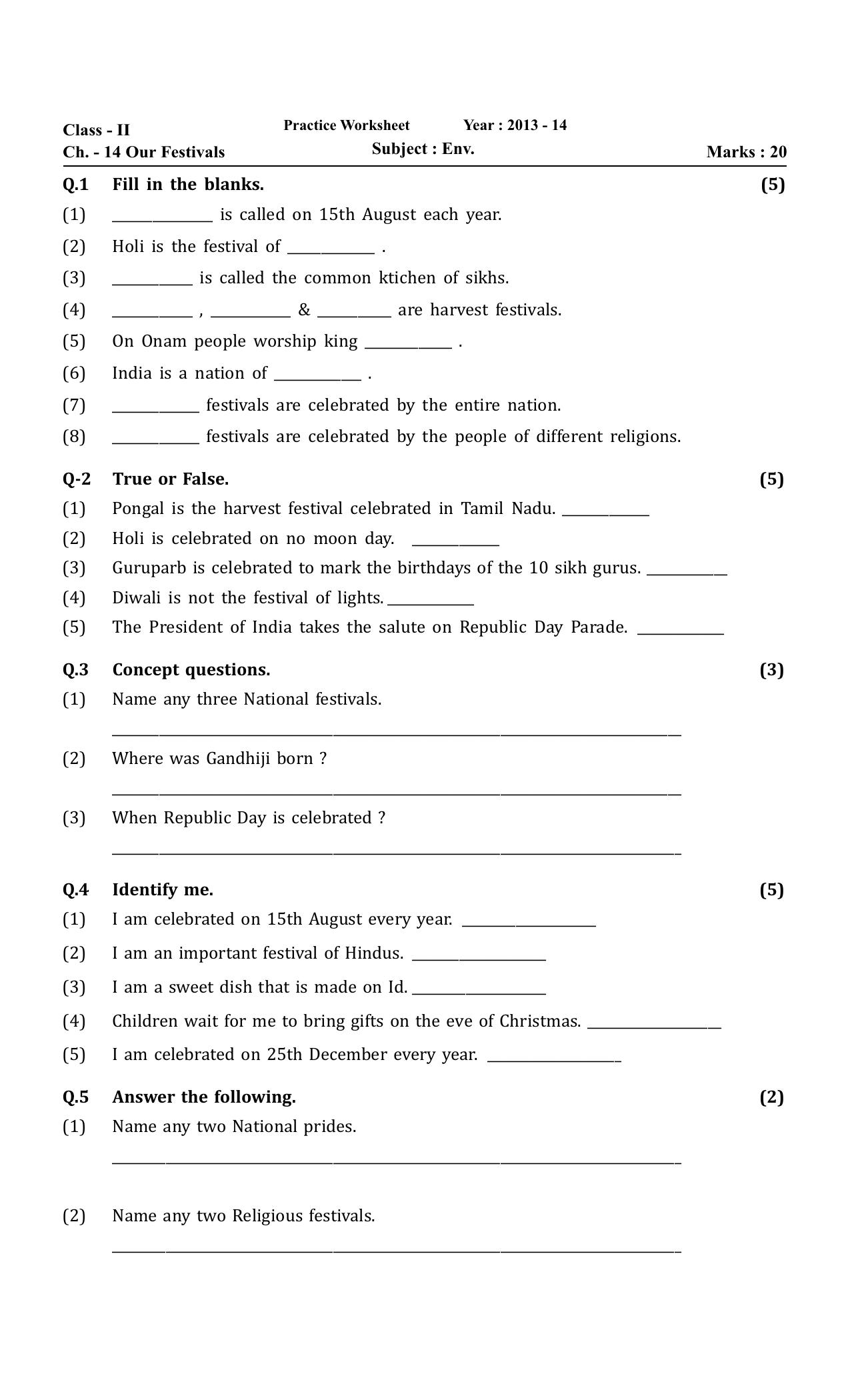 Worksheets for Class 2 EVS Assignment 2 Our Festivals - Page 1