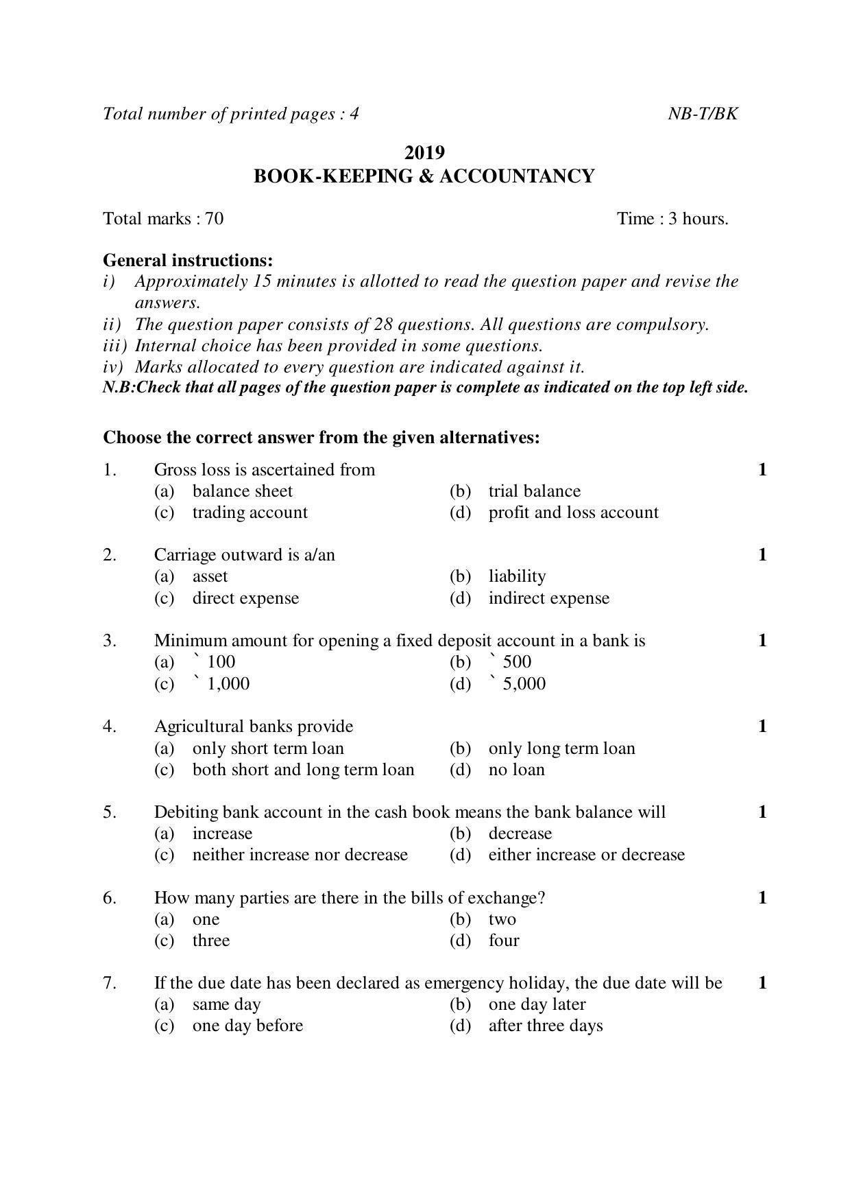 Nagaland Board Class 10 BOOK-KEEPING & ACCOUNTANCY 2019 Question Paper - Page 1