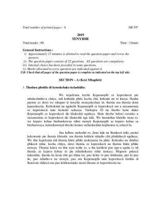 Nagaland Board Class 10 TENYIDIE 2019 Question Paper