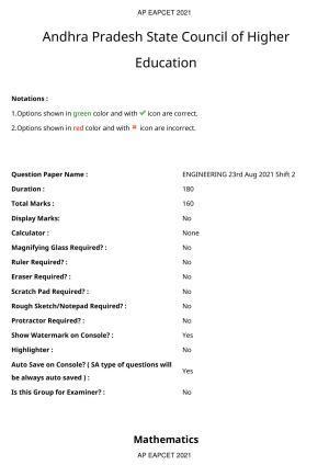 AP EAPCET 2021 - August 23,2021 Shift 2 - Master Engineering Question Paper With Preliminary Keys