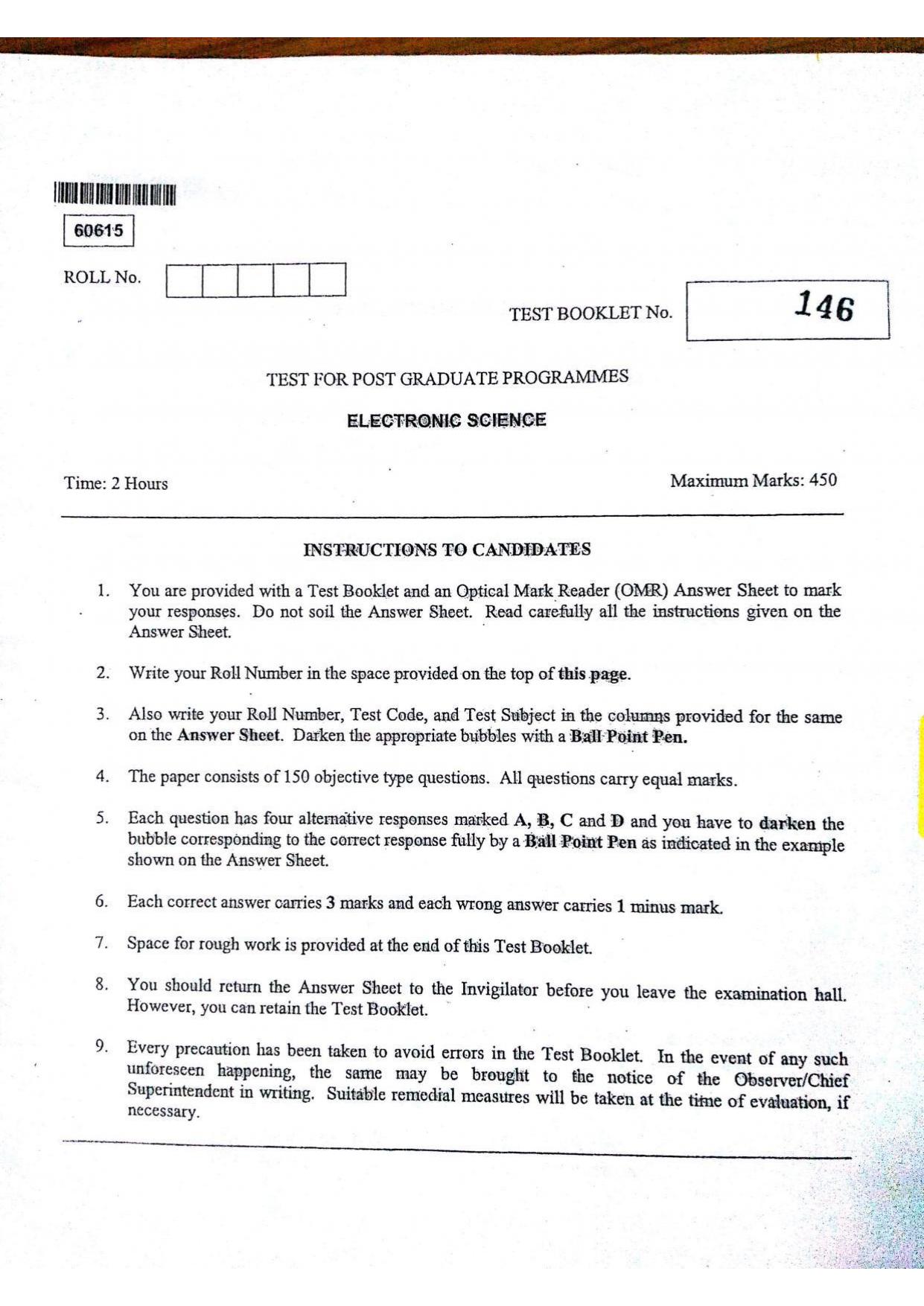CUSAT CAT 2015 Electronic Science Question Paper - Page 1