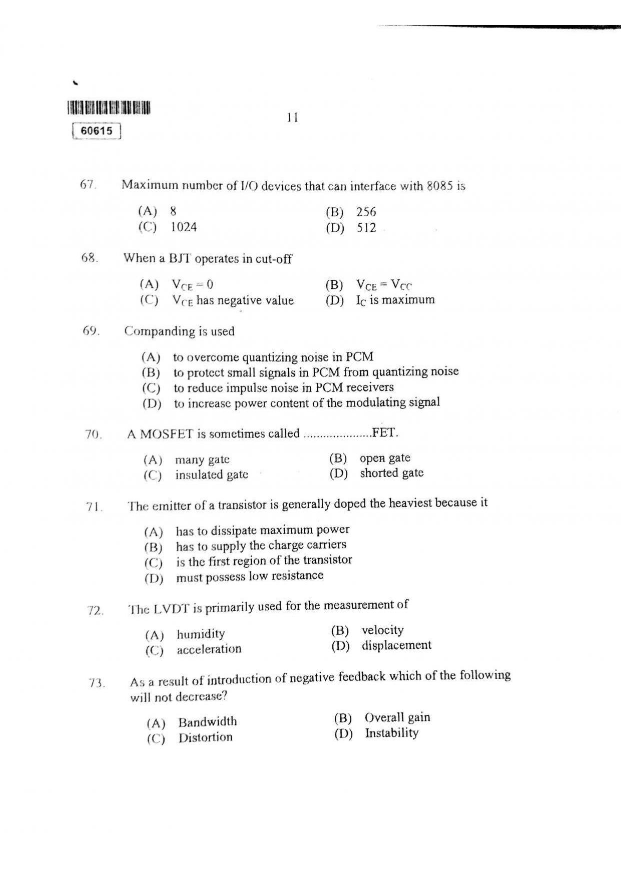 CUSAT CAT 2015 Electronic Science Question Paper - Page 12