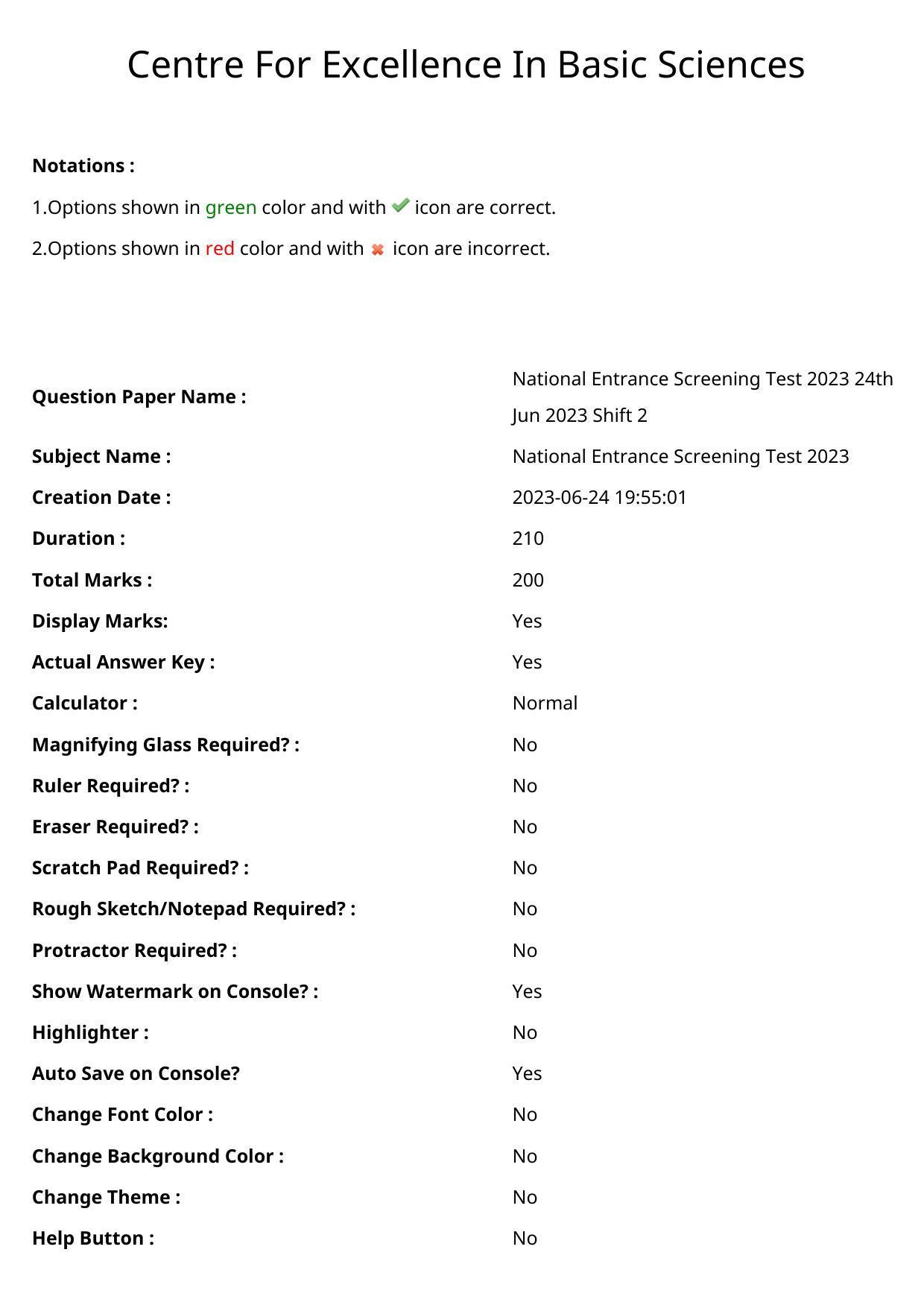 NEST 2023 Shift 2 Question Paper with Answer Keys - Page 1