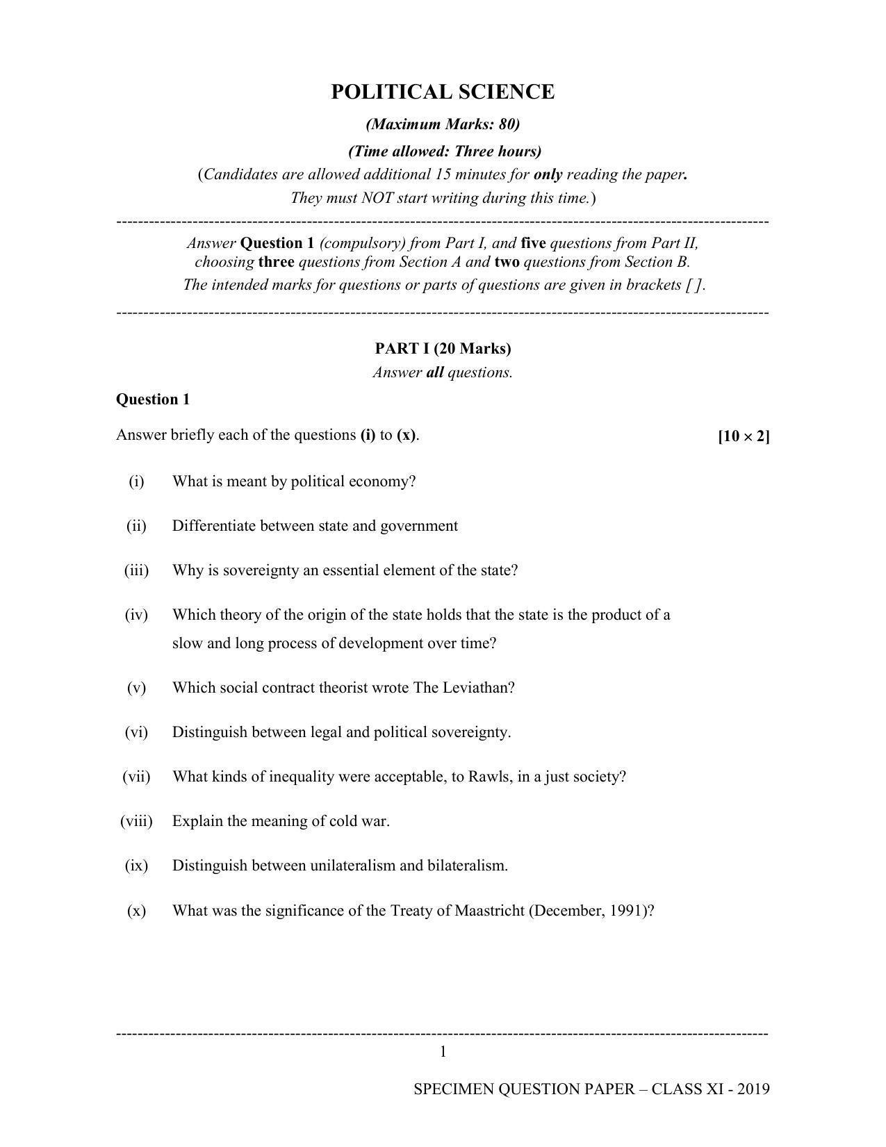 ISC Class 11 Specimen Political Science Sample Papers 2023 - Page 1