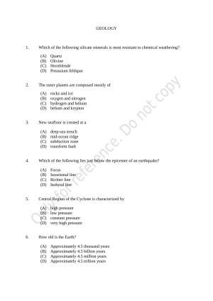 CUSAT CAT 2021 Geology Question Paper