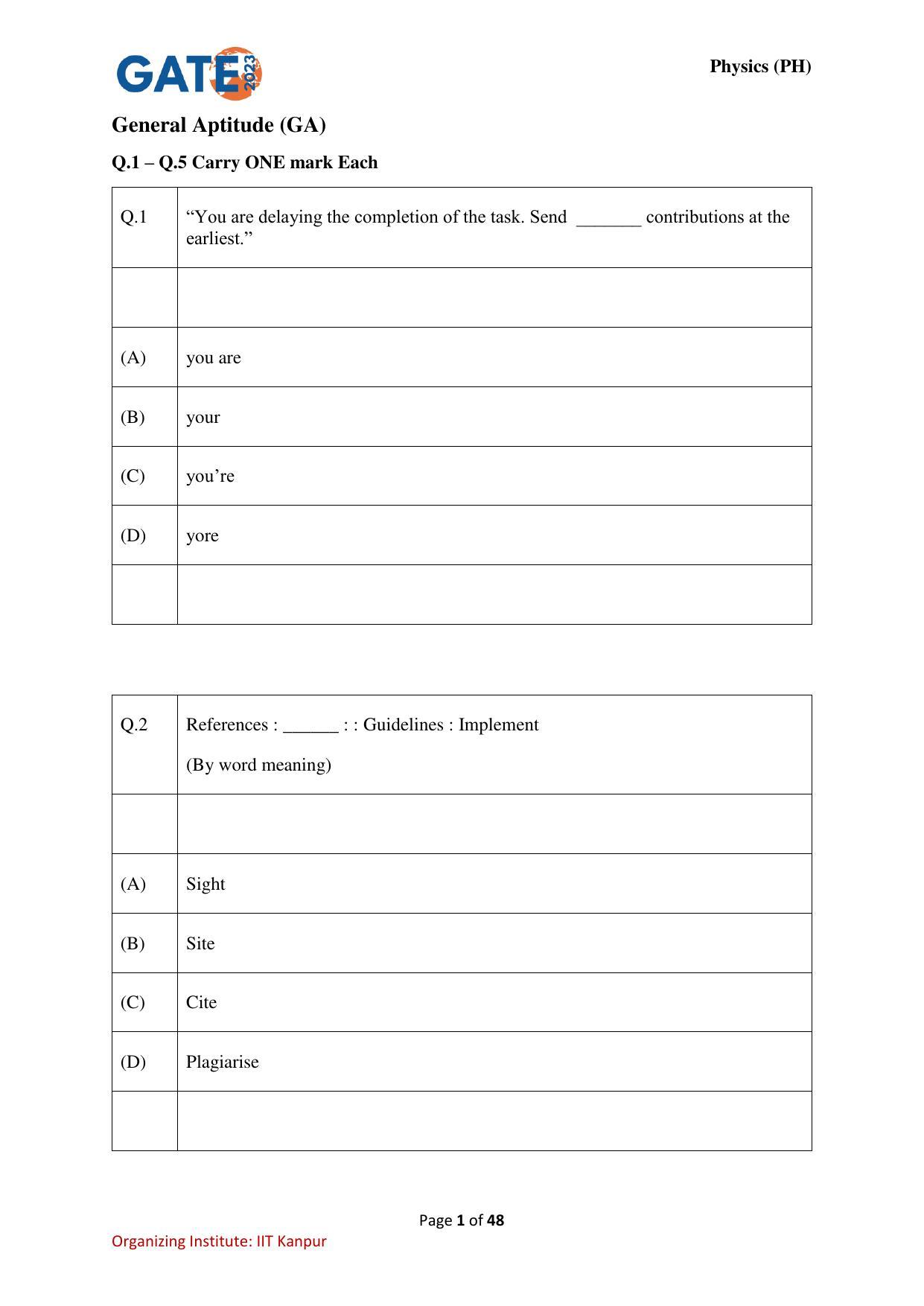 GATE 2023 Physics (PH) Question Paper - Page 1