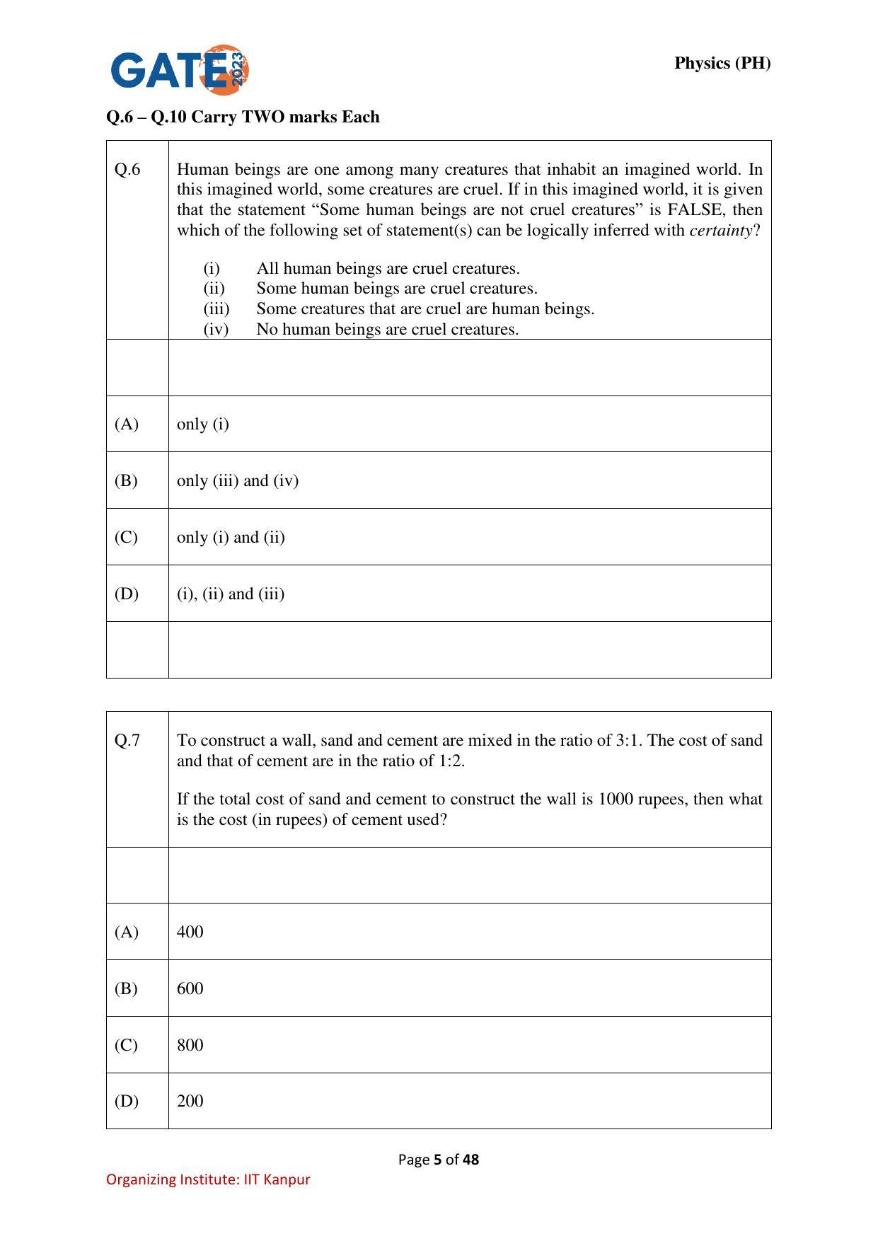 GATE 2023 Physics (PH) Question Paper - Page 5
