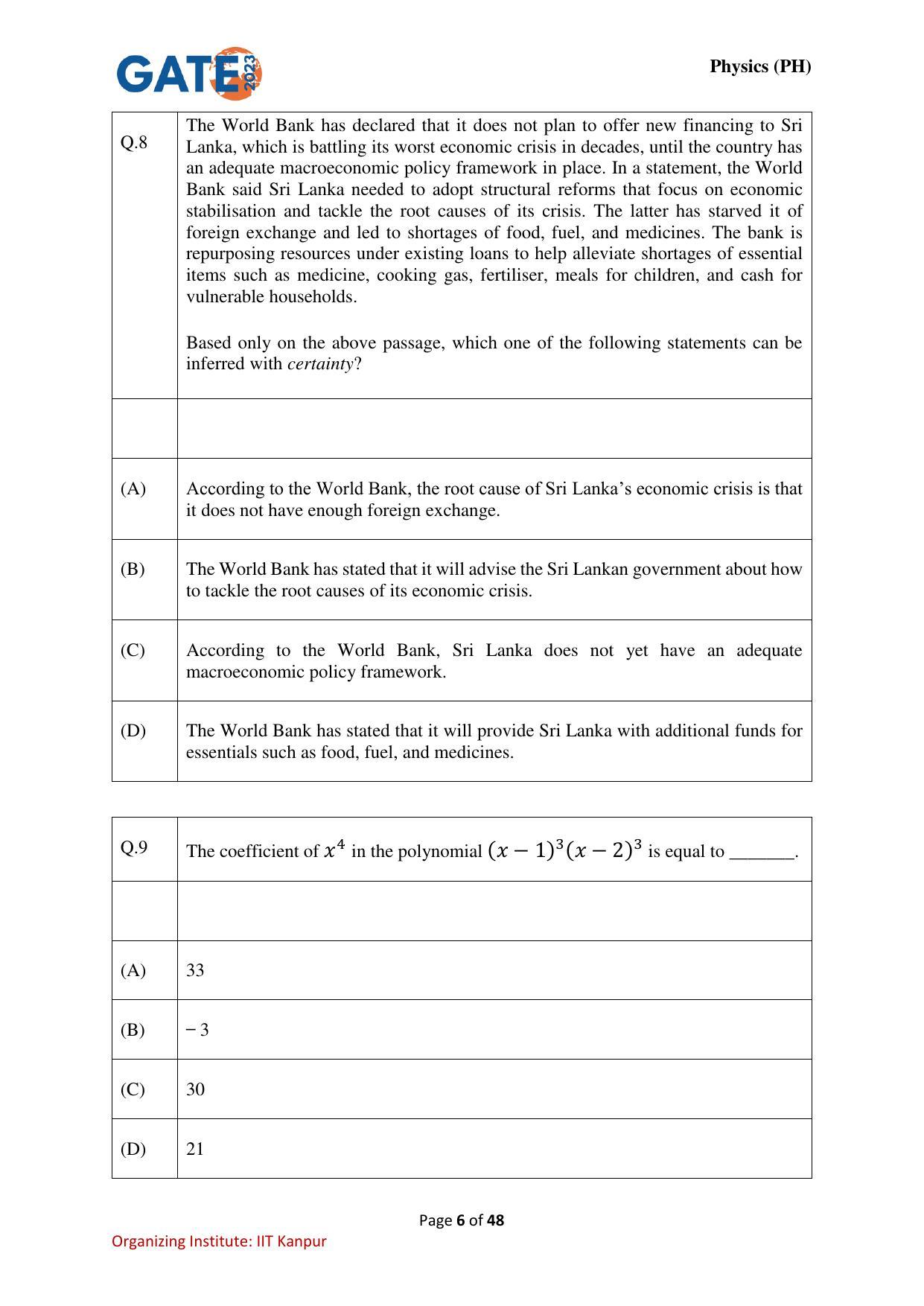 GATE 2023 Physics (PH) Question Paper - Page 6