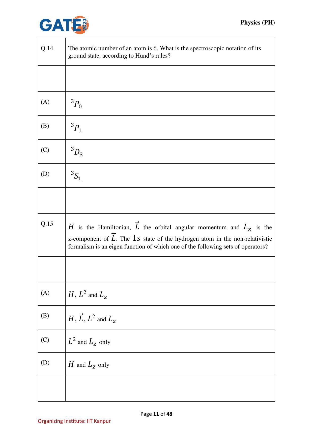 GATE 2023 Physics (PH) Question Paper - Page 11