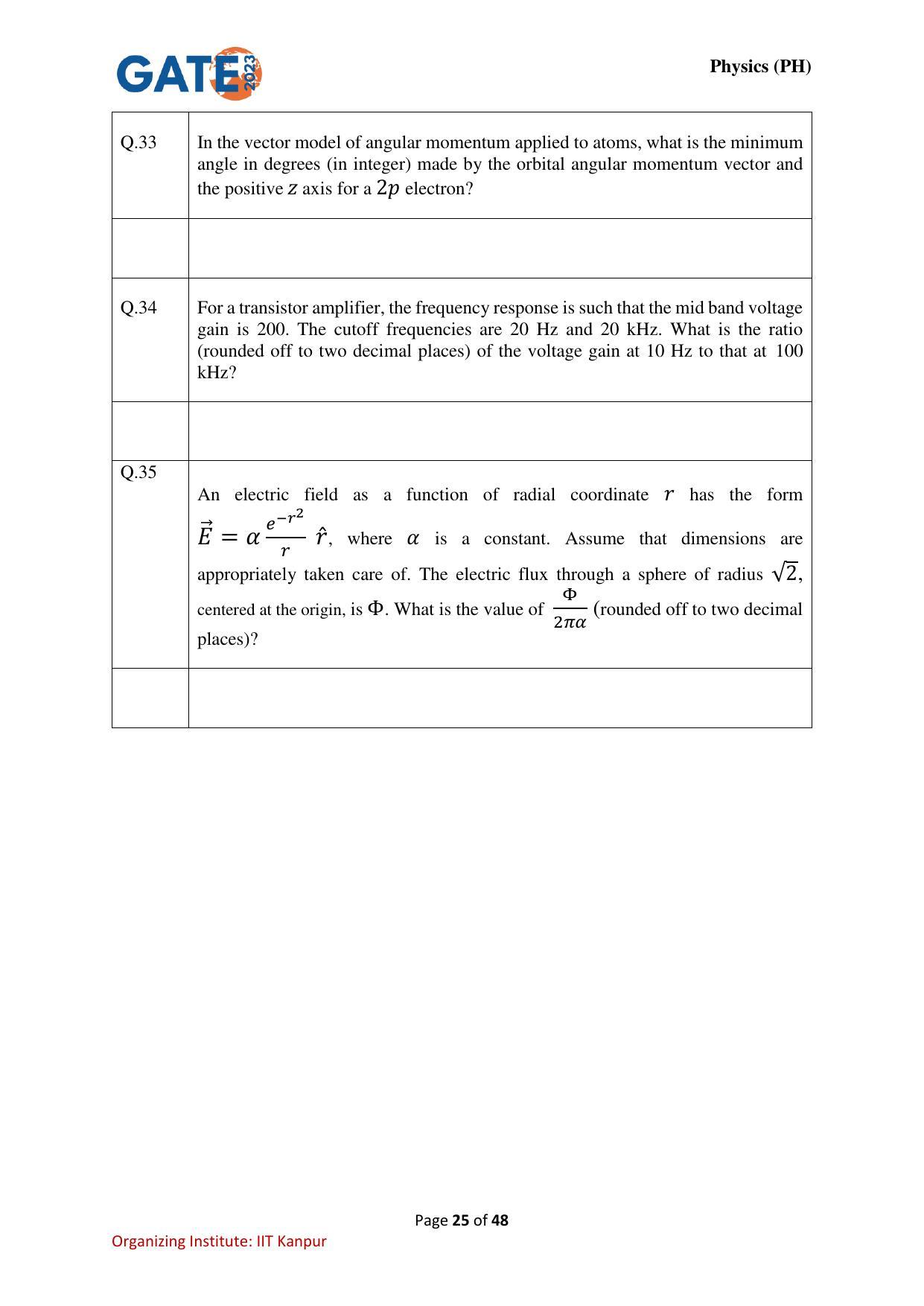 GATE 2023 Physics (PH) Question Paper - Page 25