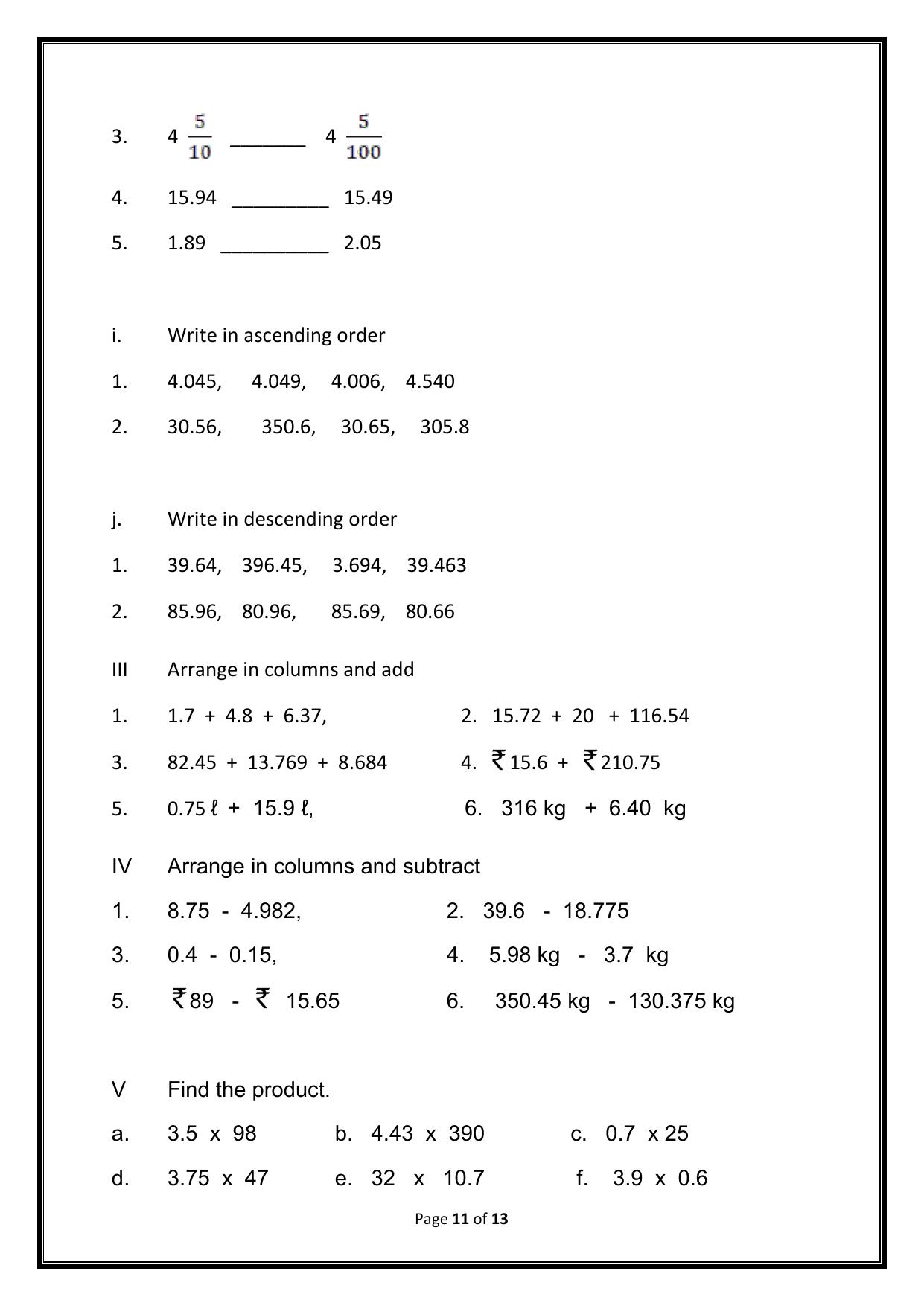 Worksheet for Class 5 Maths Decimals Assignment 1 - Page 4