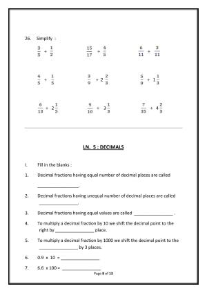 Worksheet for Class 5 Maths Decimals Assignment 1
