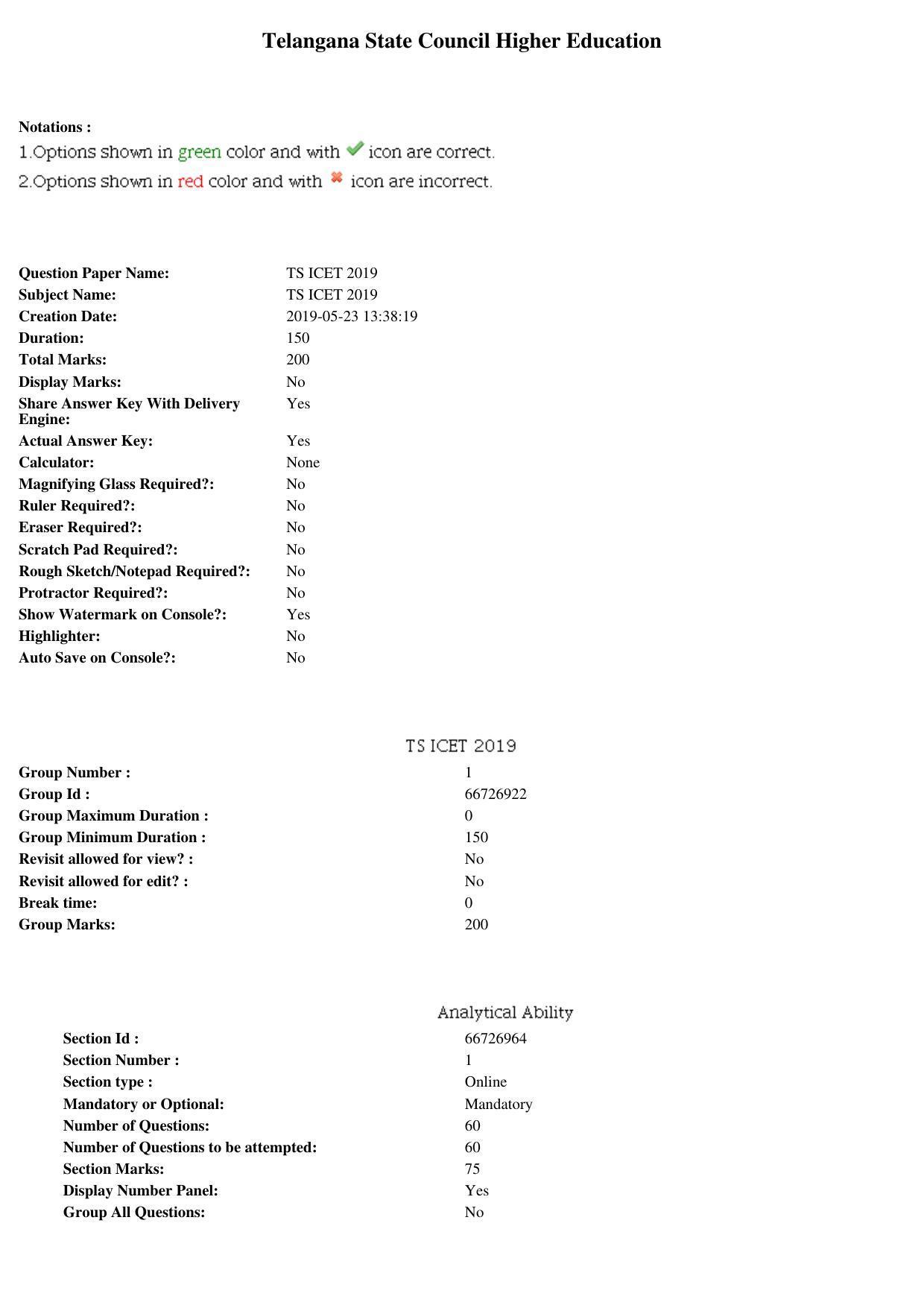 TS ICET 2019 Question Paper 2 - May 23, 2019	 - Page 1