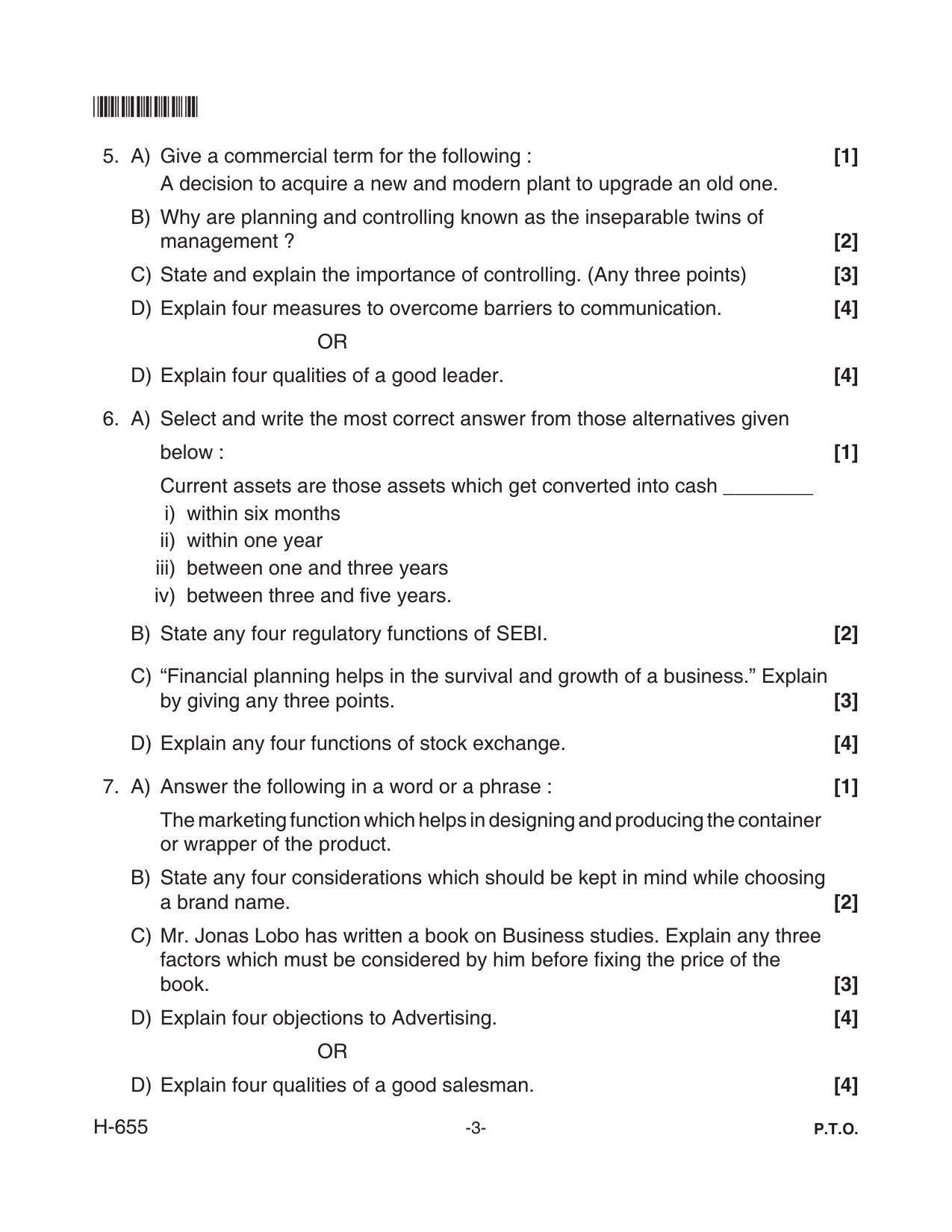 Goa Board Class 12 Business Studies  655 Old Pattern (June 2018) Question Paper - Page 3