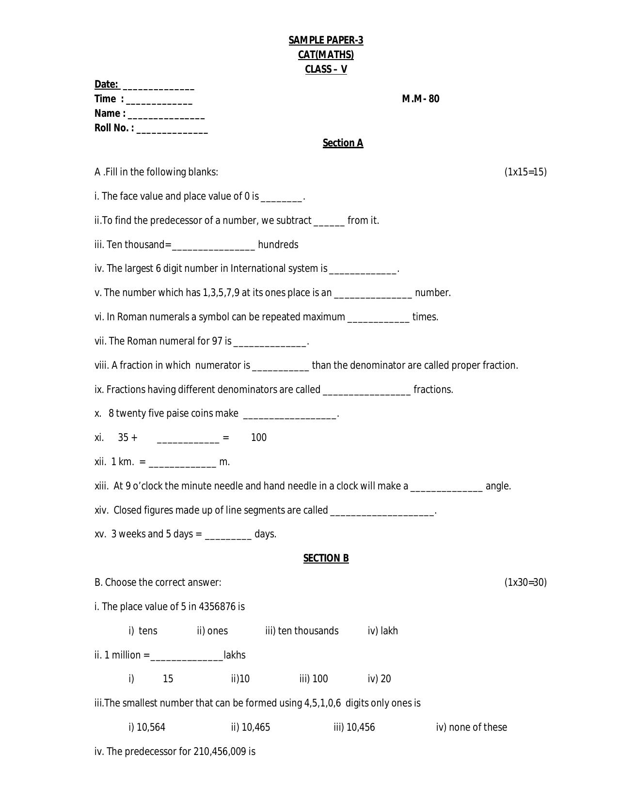 Worksheet for Class 5 Maths Assignment 15 - Page 1