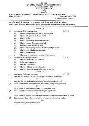 Bilaspur University Question Paper June 2022:M.Sc. Zoology (Fourth Semester) Biochemisrty And Metabolic Regulation And Function Paper 1