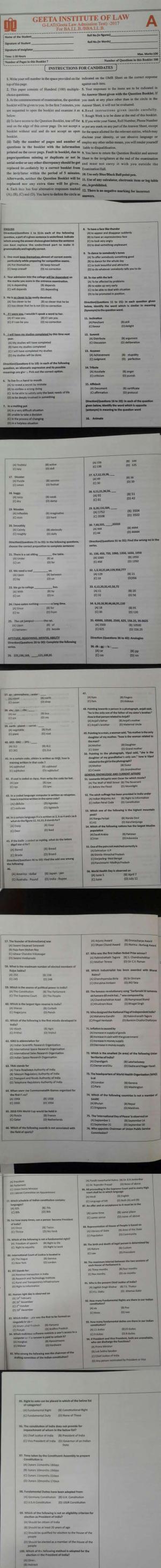 Geeta Law Admission Test (GLAT) 2017 Question Paper