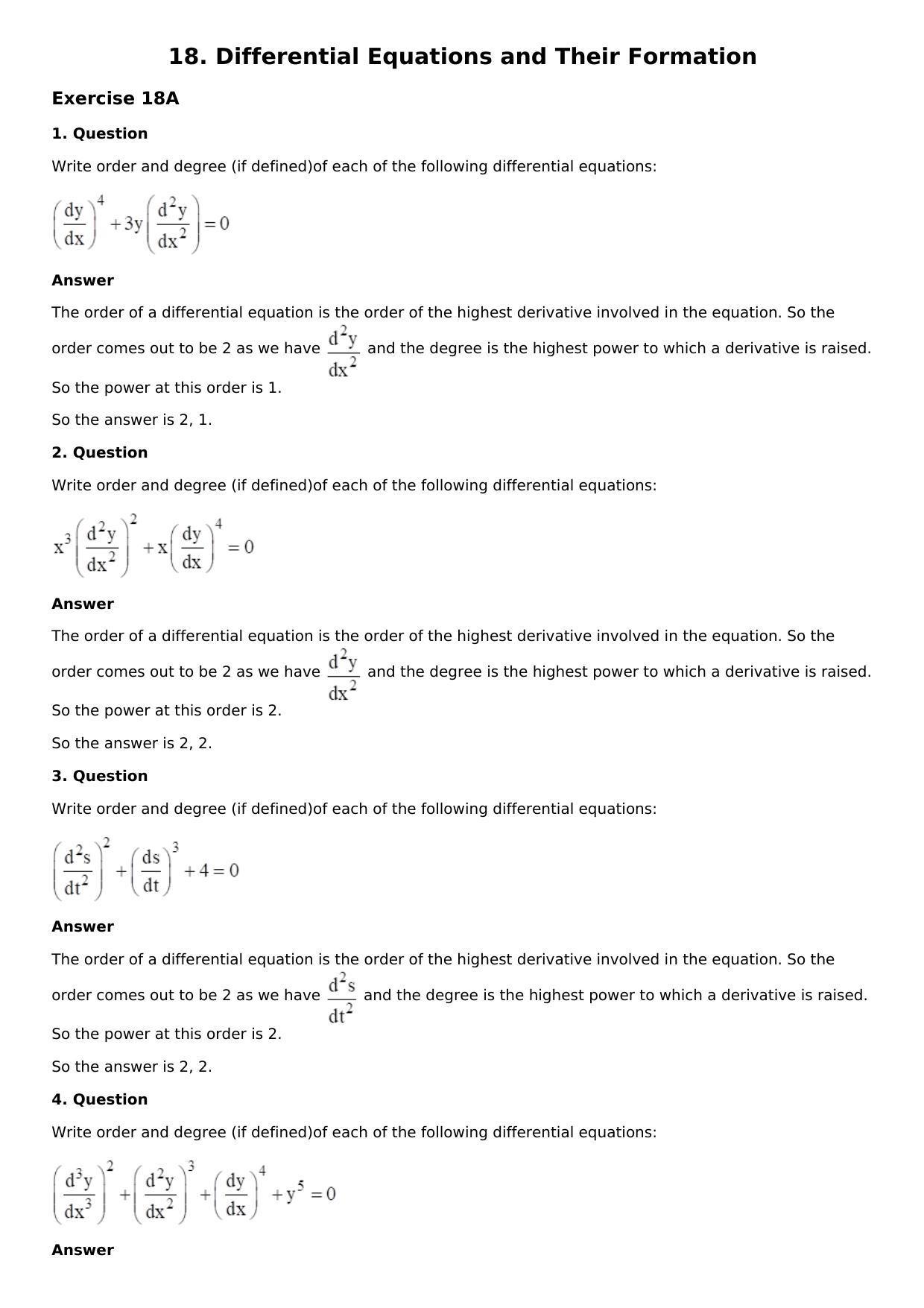 Chapter 18: Differential Equations and Their Formation Solutions: RS Aggarwal Class 12 Solutions - Page 1