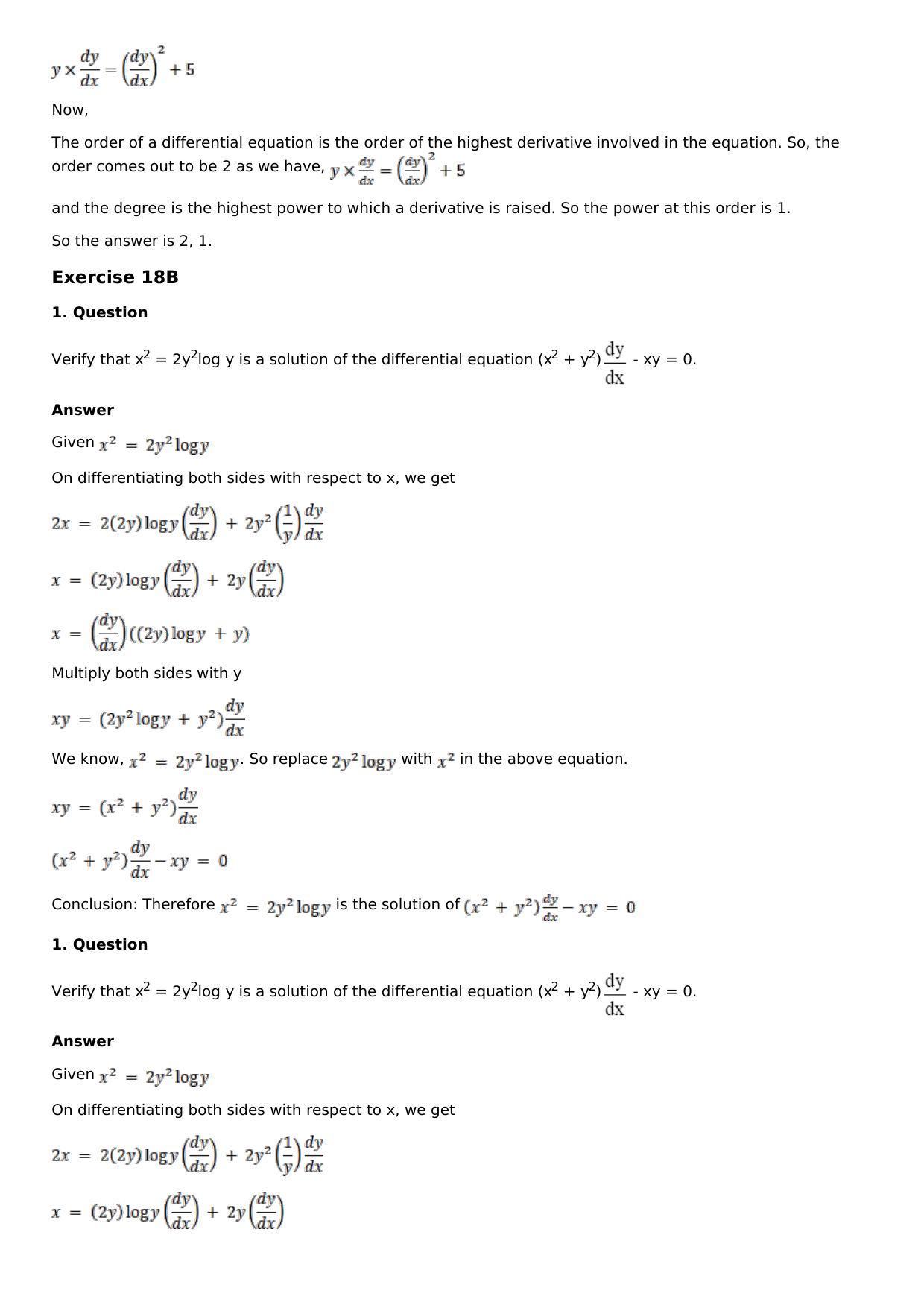 Chapter 18: Differential Equations and Their Formation Solutions: RS Aggarwal Class 12 Solutions - Page 6